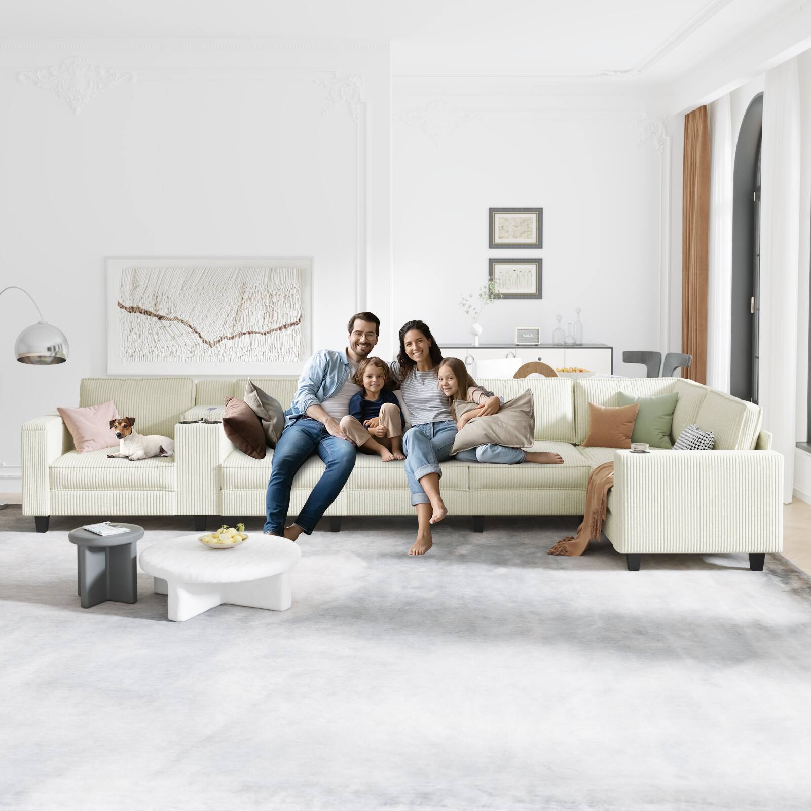 Left. Anysun - L-Shape 6-Seat Corduroy Sofa with Storage Armrests, Center Console & USB Charging. - Beige.