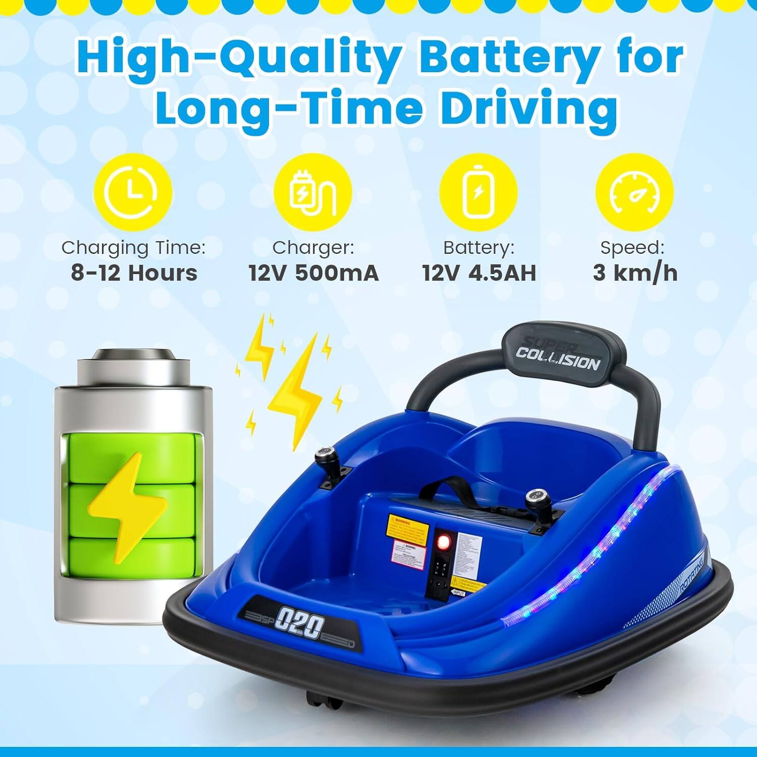 High-Quality Battery for Long-Time Driving

- Charging Time: 8-12 Hours
- Charger: 12V 500mA
- Battery: 12V 4.5AH
- Speed: 3 km/h

SUPER COLLISION 020