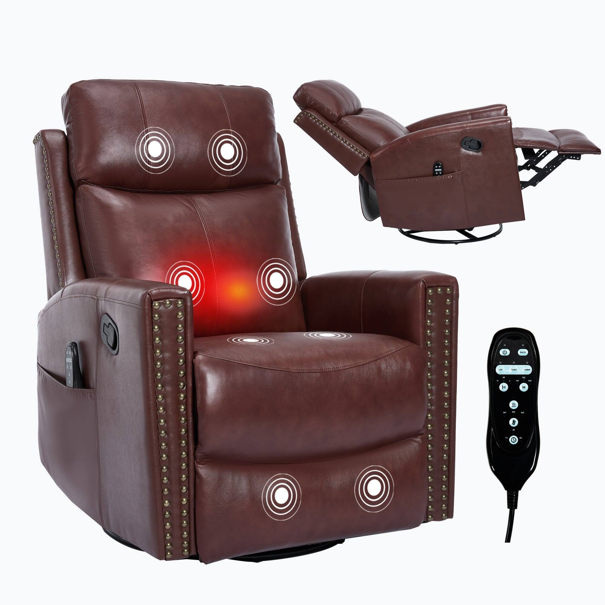 Boyel Living - Genuine Leather Manual Recliner, Heat & Massage, Rocker & Swivel, Living Room Chair - Wine Red