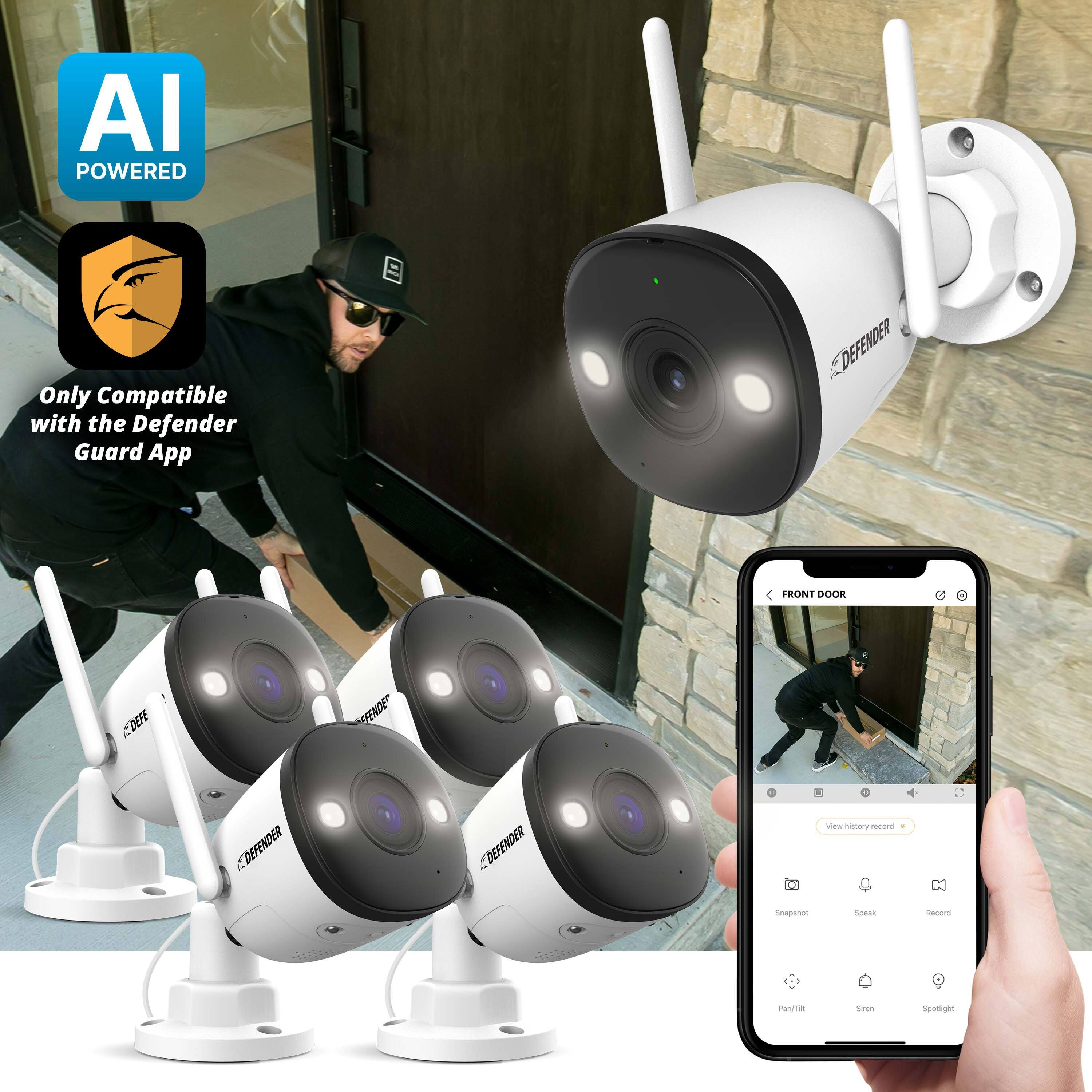 AI POWERED  
Only Compatible with the Defender Guard App  

DEFENDER FRONT DOOR  

View history record  
Snapshot  
Speak  
Record  
Pan/Tilt  
Siren  
Spotlight