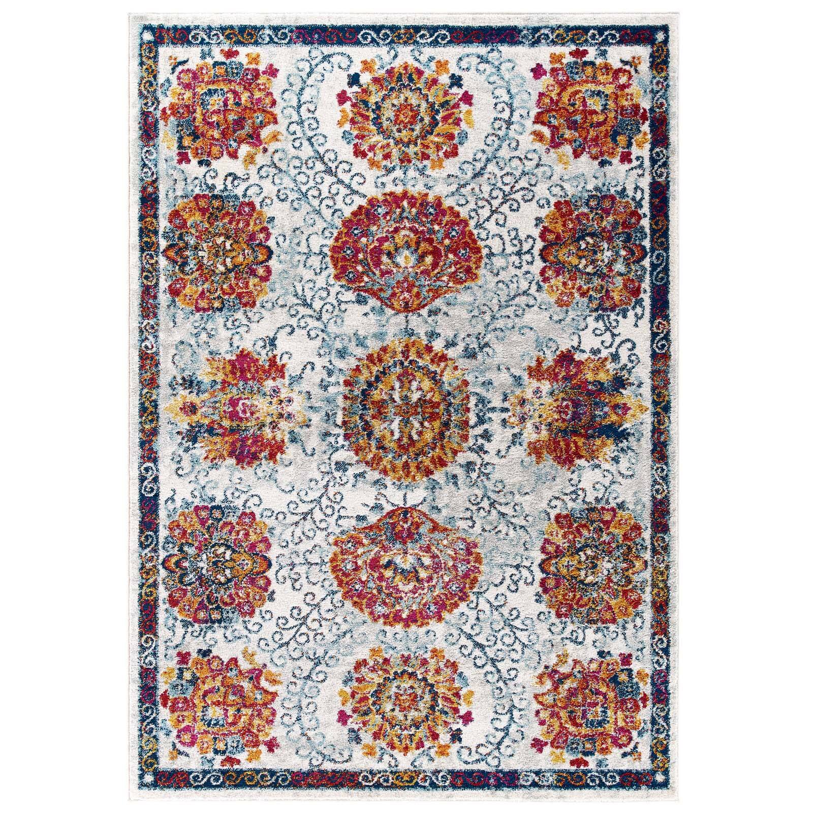 Angle. Modway - Entourage Kensie Distressed Floral Moroccan Trellis Area Rug - Ivory Blue Red Orange Yellow.