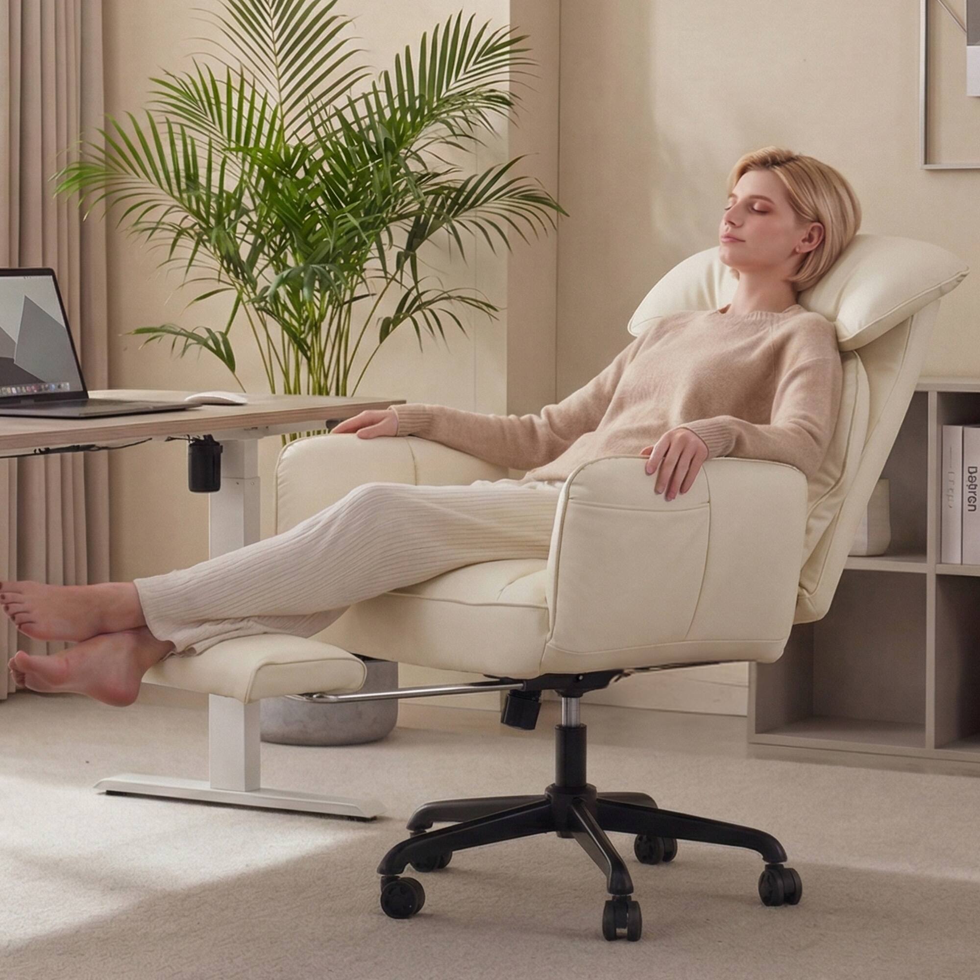 Alt View 3. Dowinx - Cross Legged Office Chair with Pivoting Armrests,Criss Cross Chair with Footrest and Reclining Backrest - Beige.
