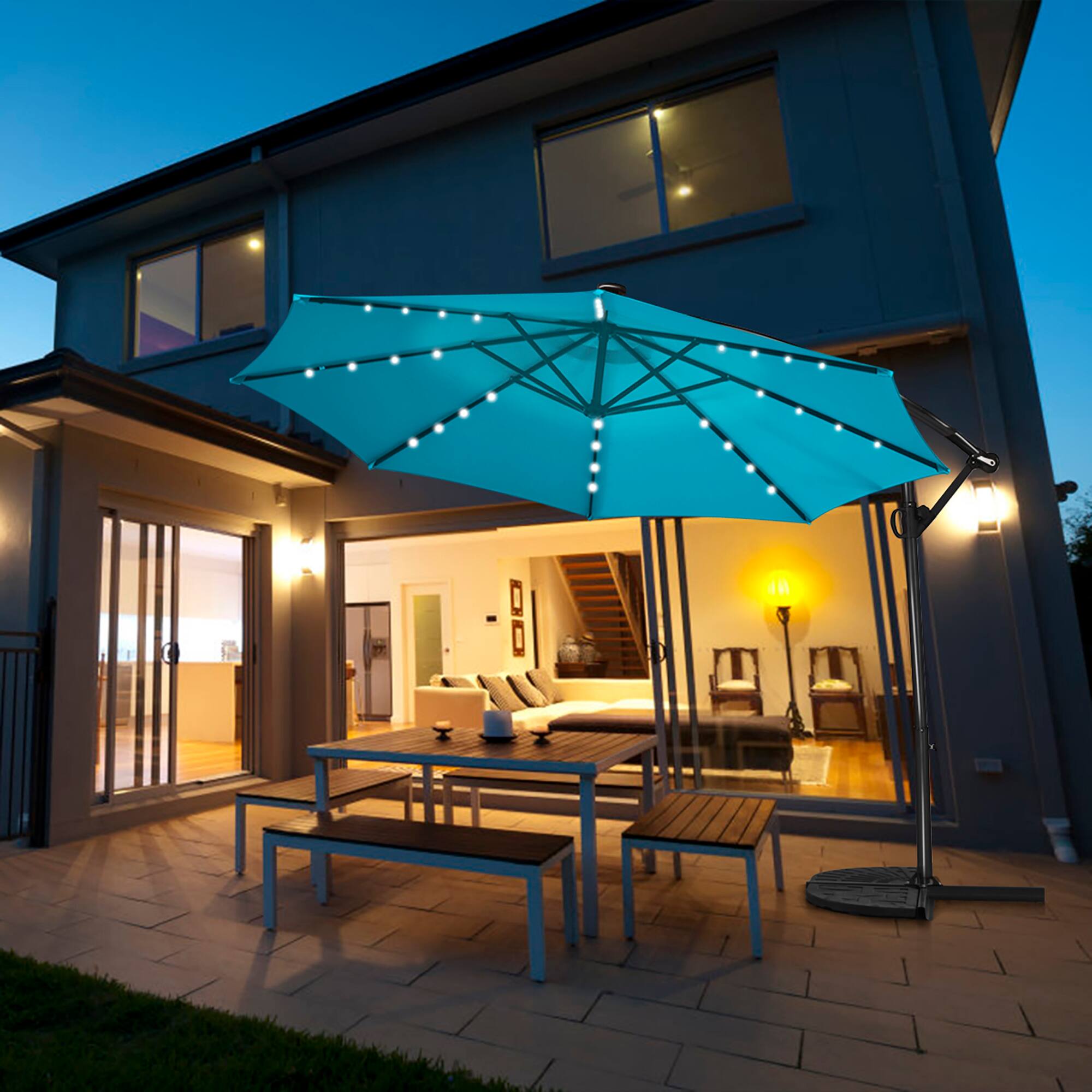 Alt View 5. Costway - 10FT Patio Offset Umbrella Solar Powered LED 360Degree Rotation Aluminum - Turquoise.