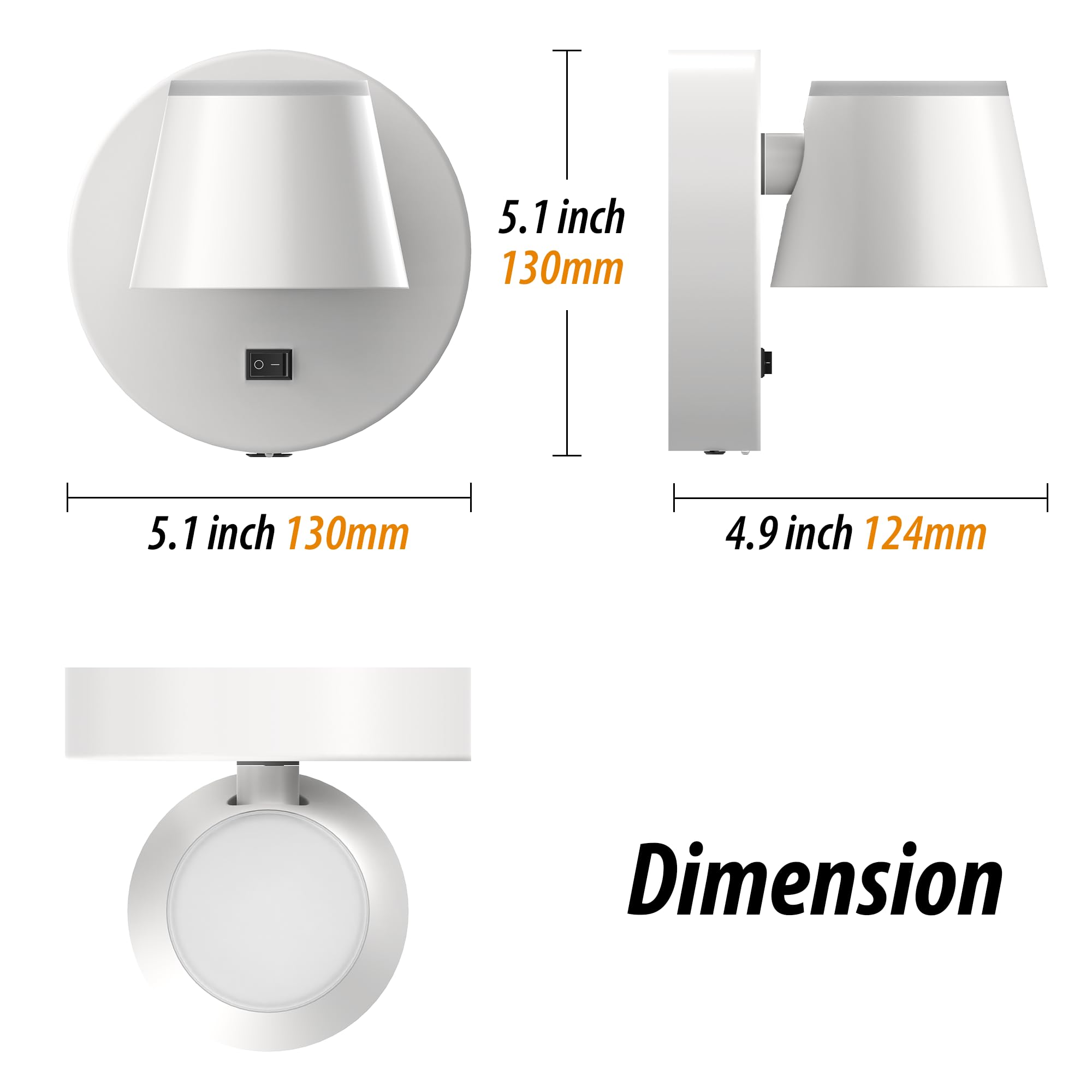 5.1 inch 130mm  
5.1 inch 130mm  
4.9 inch 124mm  

Dimension