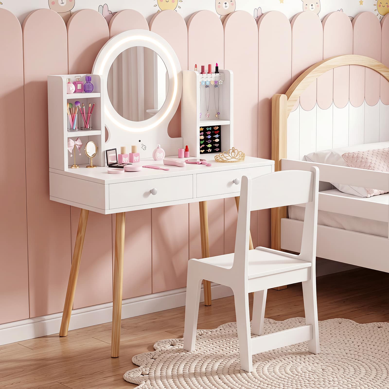 Costway - Kids Vanity Set Princess Vanity Desk Set with 2-Color LED Lighted Acrylic Mirror - White