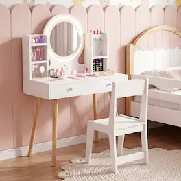 Costway - Kids Vanity Set Princess Vanity Desk Set with 2-Color LED Lighted Acrylic Mirror - White