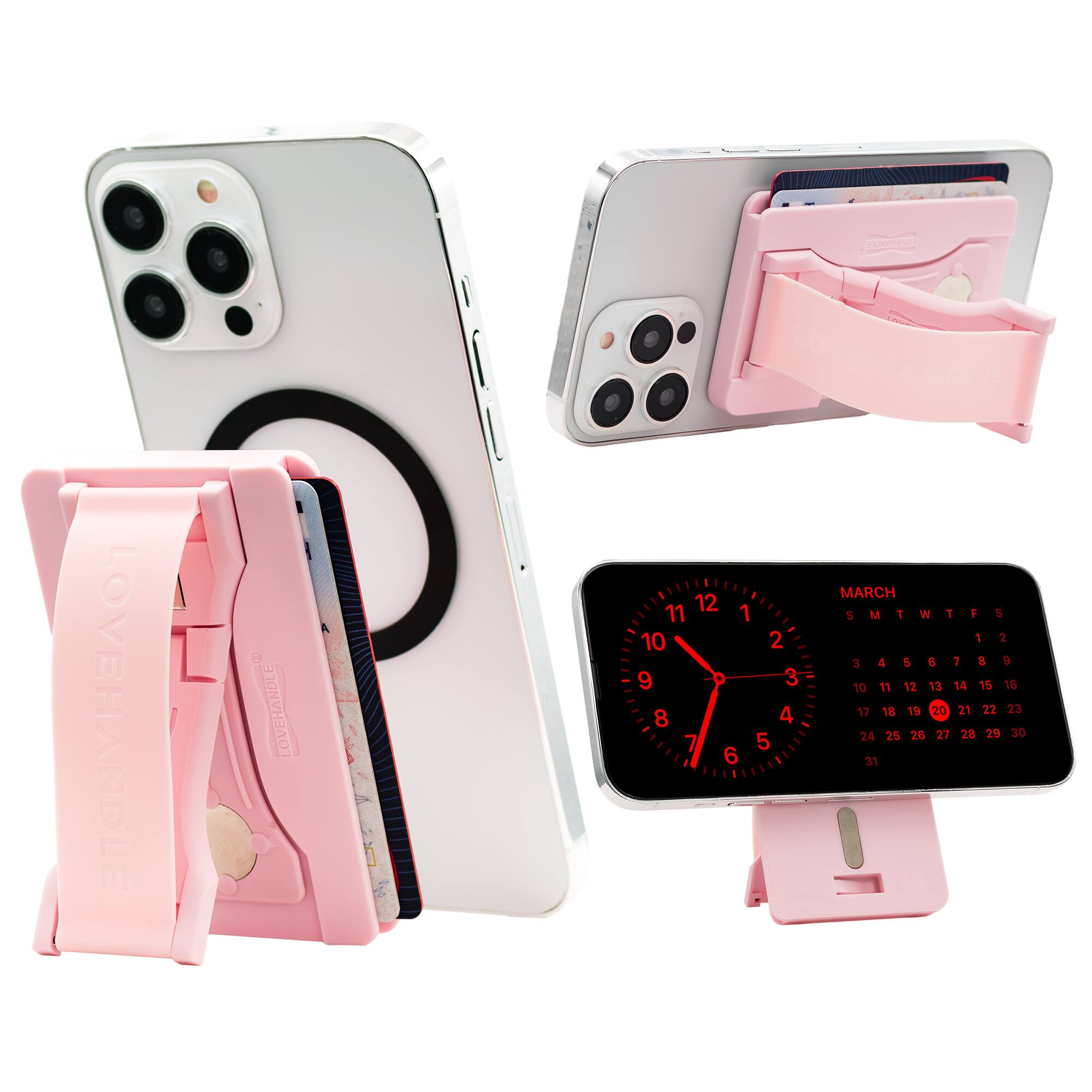 The image features a white cell phone with a pink case and a pink handle. The phone is placed on a stand, and there is a pink clock nearby. The image also includes a pink case and handle for the cell phone. The text on the image reads "LOVEHANDLE e LOVEHANDLE LOVERS MARCH 12 11 1 5 M T W T F S 10 2 1 2 3 4 e a 7 B 9 9 3 14 15 16 10 11 12 13 17 18 19 20 21 22 23 8 4 24 25 26 27 28 29 30 7 5 6 31."