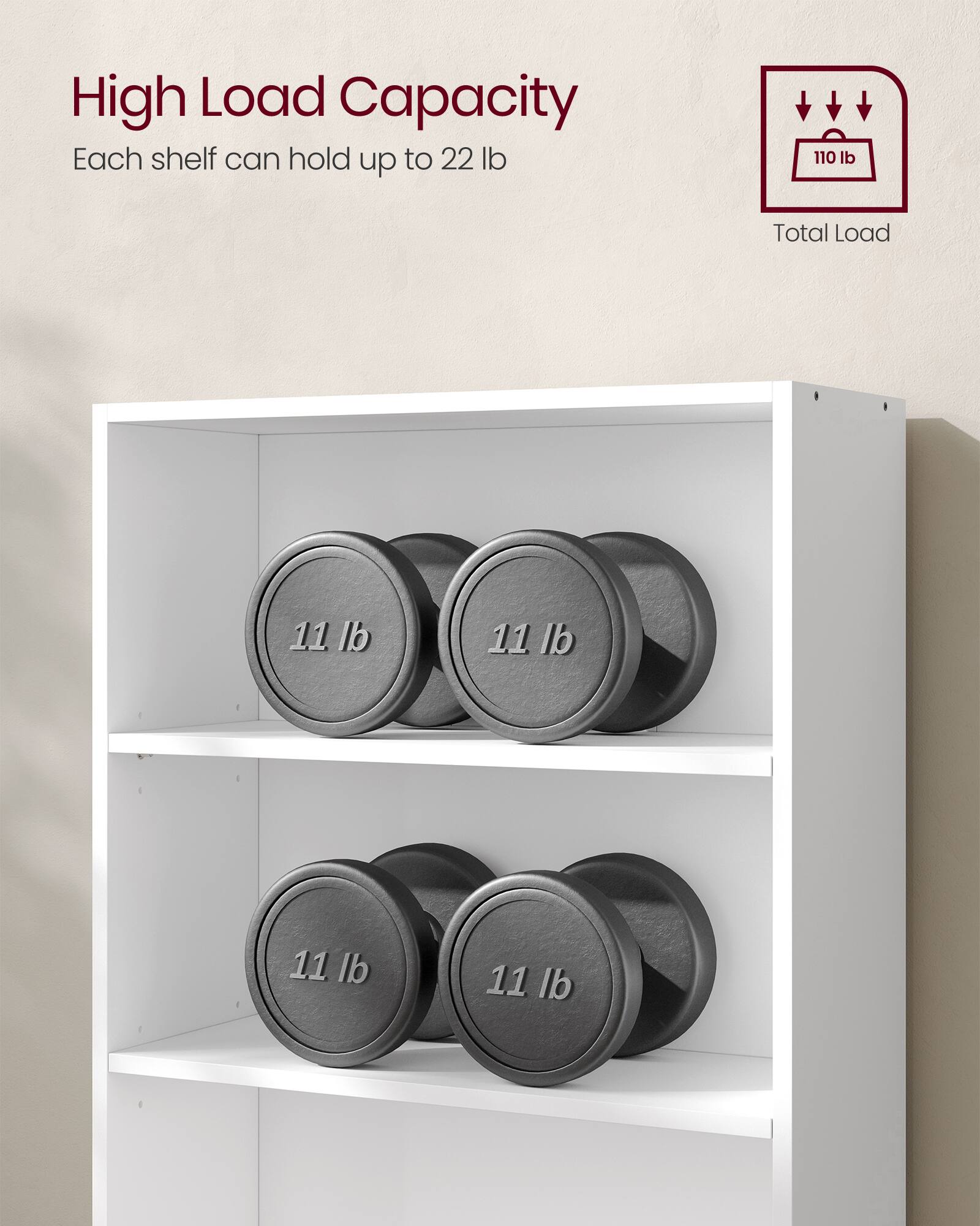 High Load Capacity  
Each shelf can hold up to 22 lb  
Total Load 110 lb  
11 lb  
11 lb  
11 lb  
11 lb