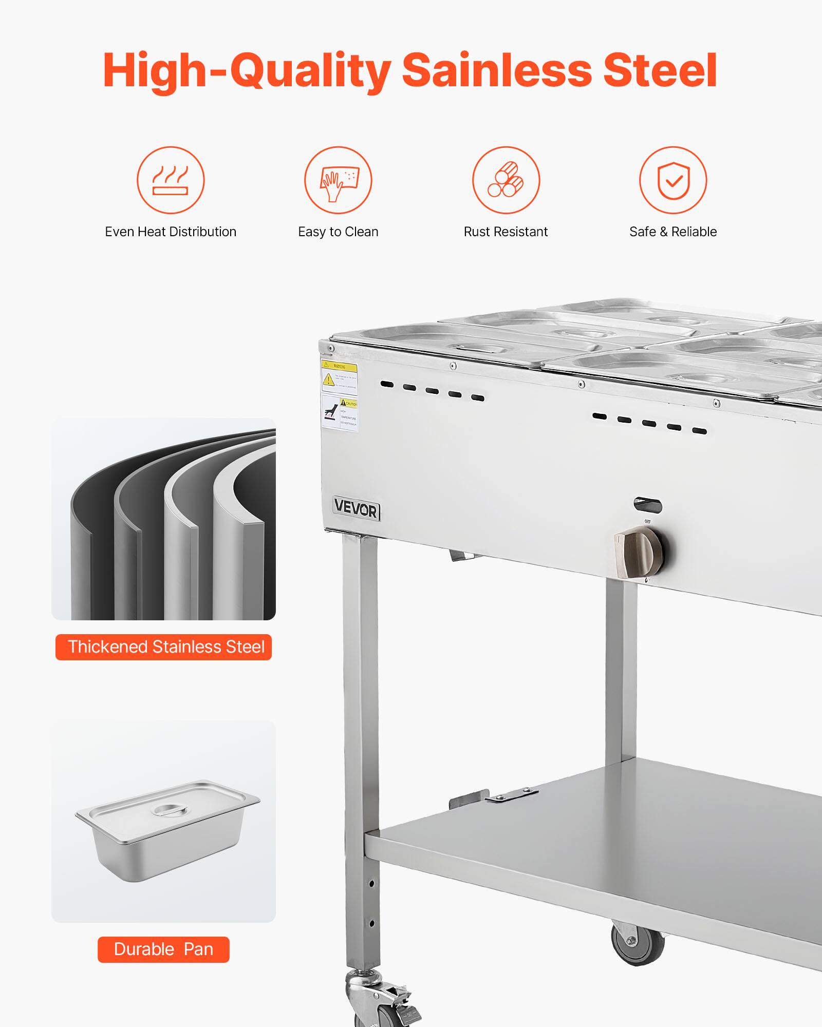 High-Quality Stainless Steel

- Even Heat Distribution
- Easy to Clean
- Rust Resistant
- Safe & Reliable

Thickened Stainless Steel

Durable Pan