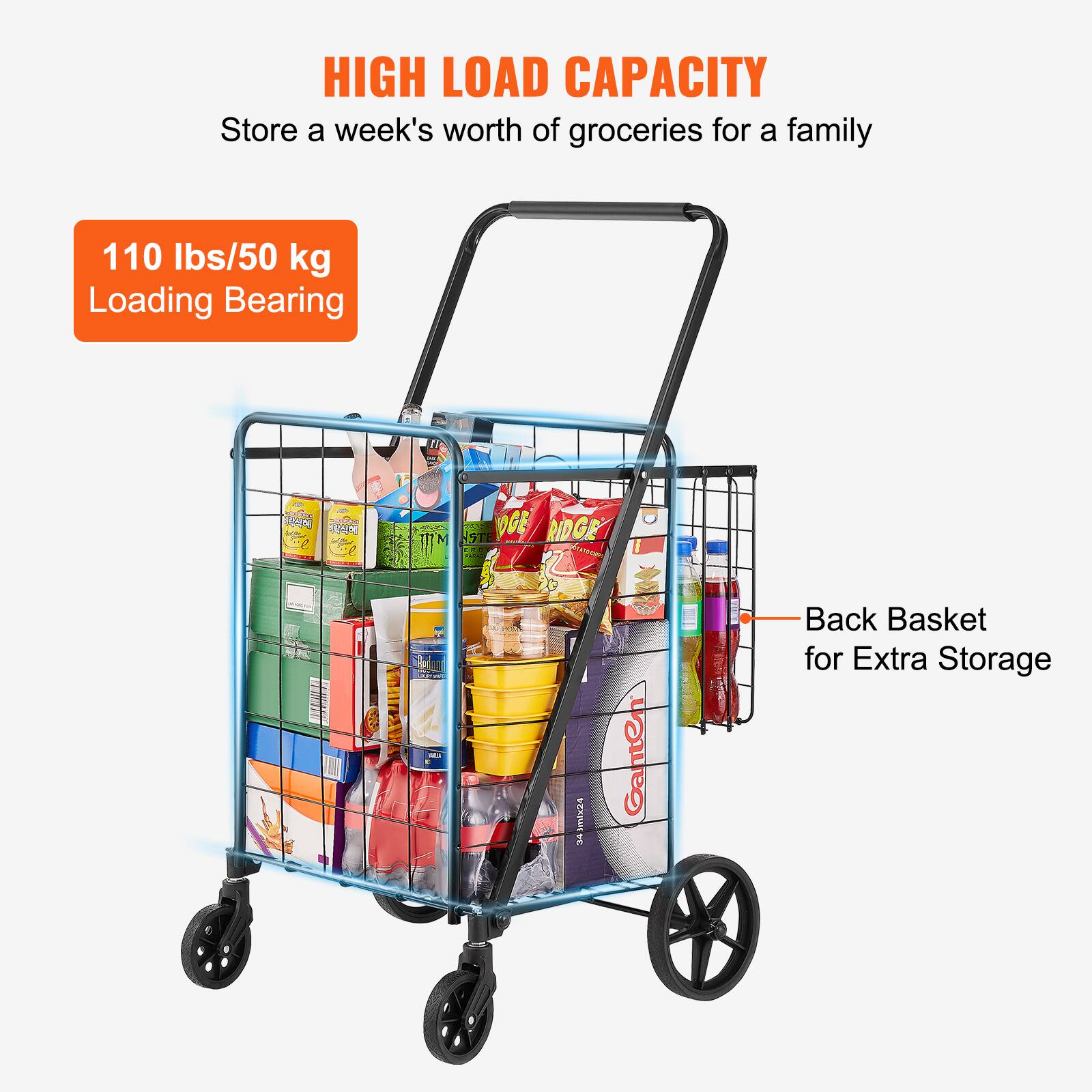 HIGH LOAD CAPACITY
Store a week's worth of groceries for a family
110 lbs/50 kg Loading Bearing
Back Basket for Extra Storage