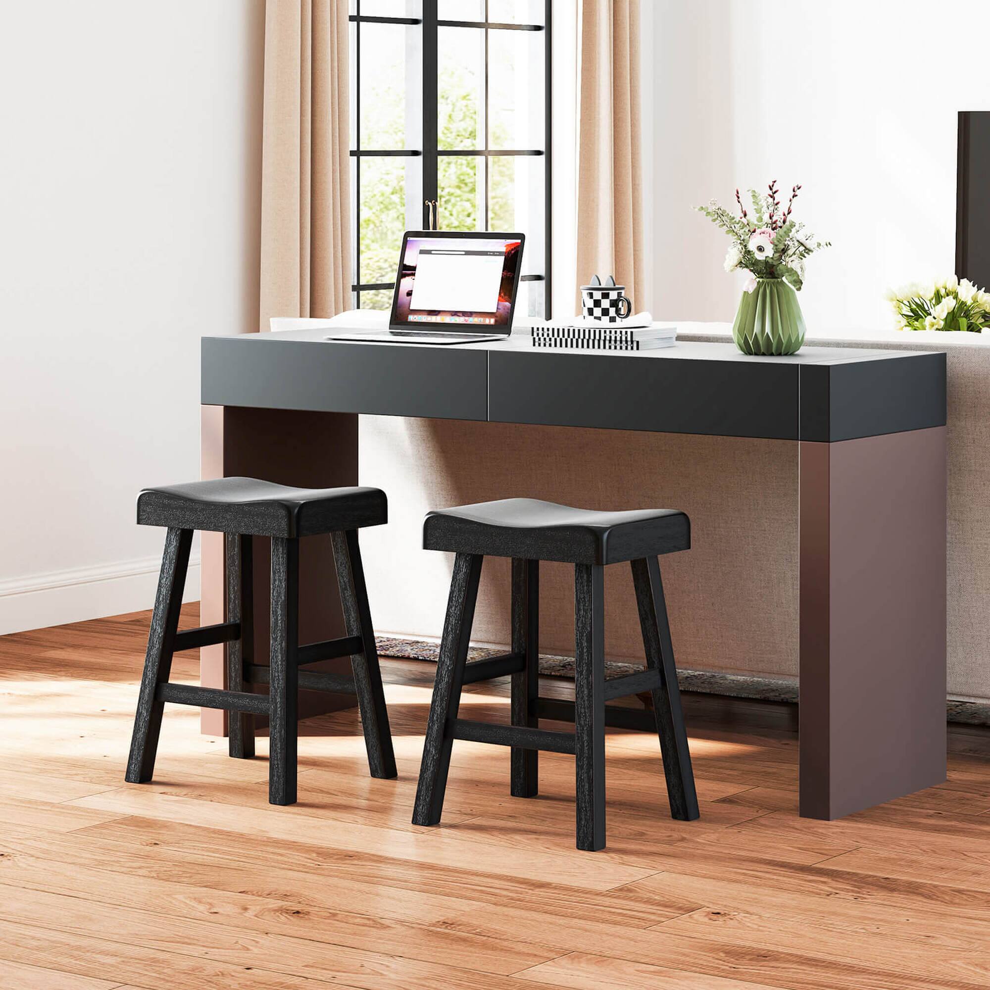 Alt View 3. Costway - 24-Inch Modern Solid Wood Saddle Stools Set of 2 with Curved Seats Footrests - Black.