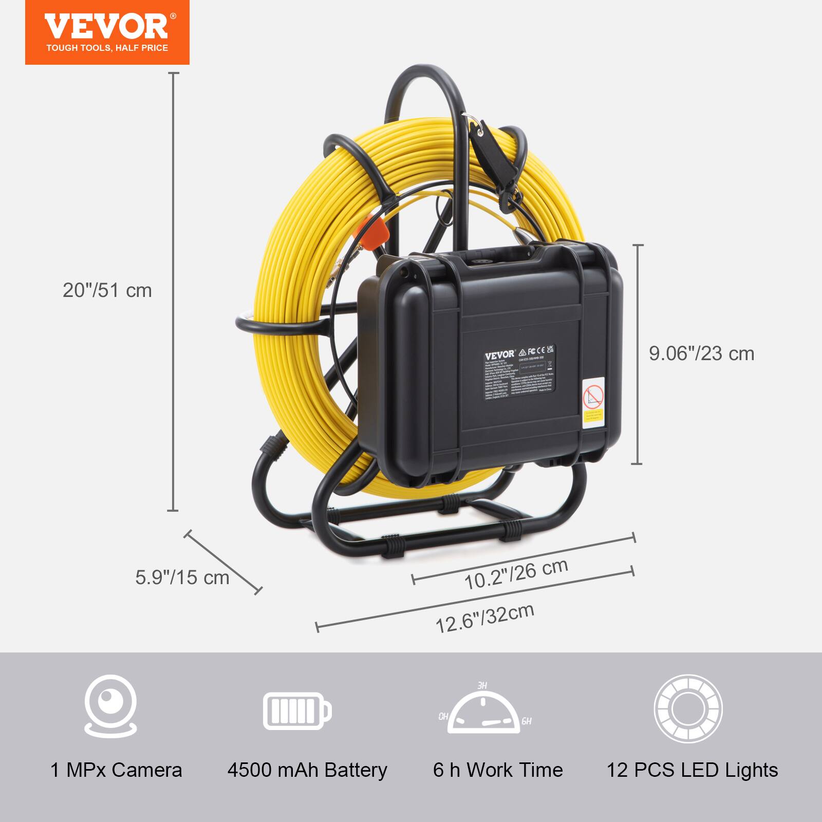 VEVOR TOUGH TOOLS, HALF PRICE

20"/51 cm

9.06"/23 cm

5.9"/15 cm

10.2"/26 cm

12.6"/32 cm

1 MPx Camera

4500 mAh Battery

6 h Work Time

12 PCS LED Lights