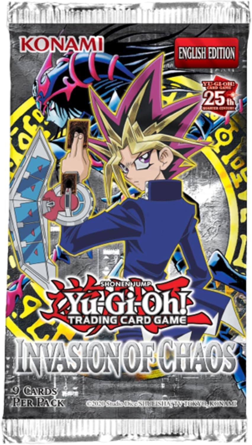 KONAMI ENGLISH EDITION  
25th ANNIVERSARY  
SHONENJUMP  
Yu-Gi-Oh! TRADING CARD GAME  
INVASION OF CHAOS  
9 CARDS PER PACK  
C2020 StudioTics SHUEISHA IV TOKYO KONAMI