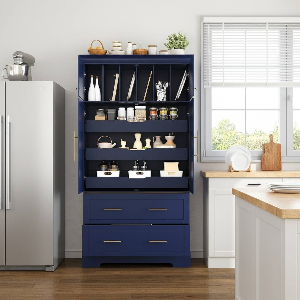 Left. Forest'nSky - 72.6" Farmhouse Kitchen Pantry, 40" Wide with Pull-Out Trays & Cake Pan Storage Organizer, Blue - Blue.
