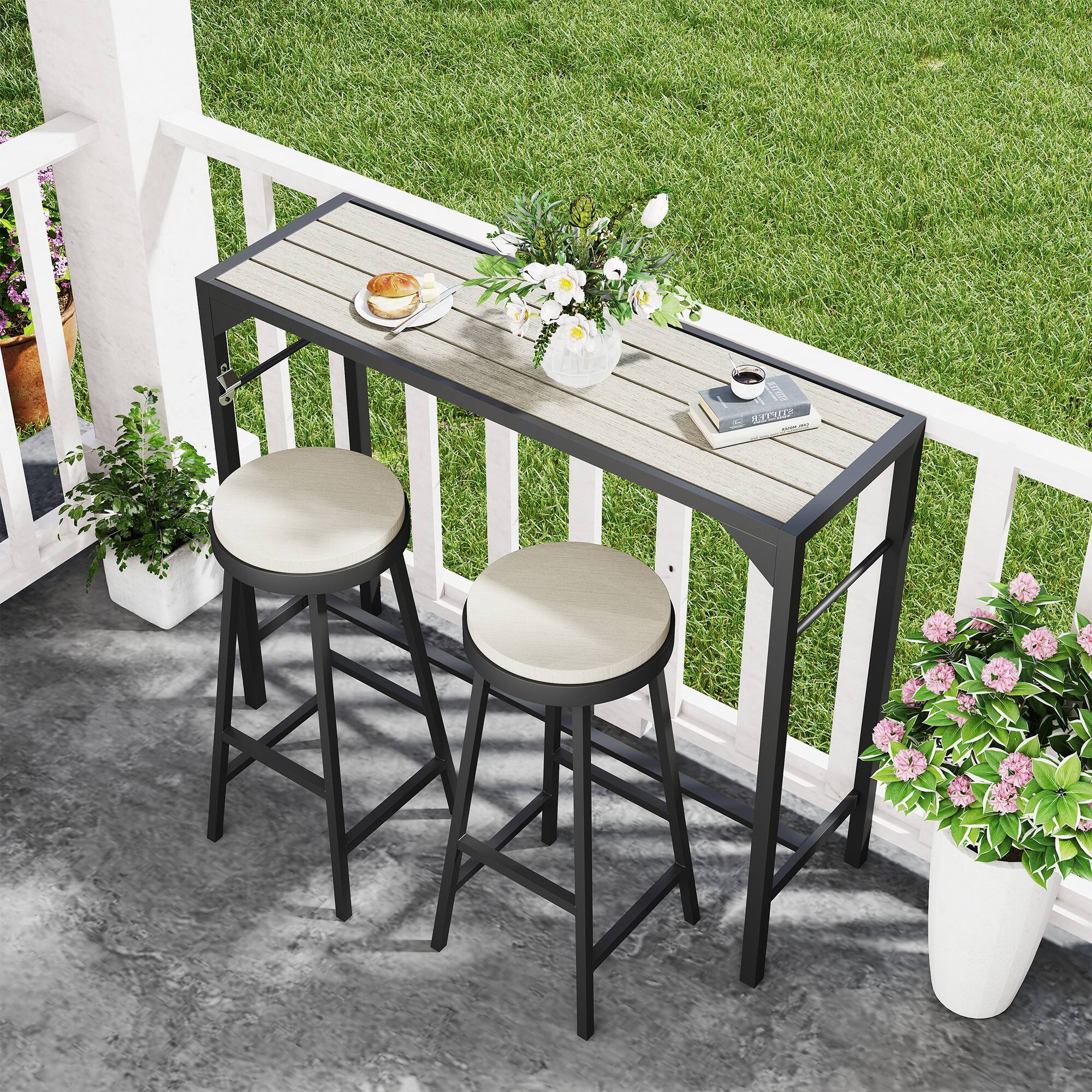 Alt View 8. Outsunny - Bar Table, Bar Height Patio Bar Table w/ Built-In Bottle Opener, Plastic Top with Wood Grain - Light Brown.
