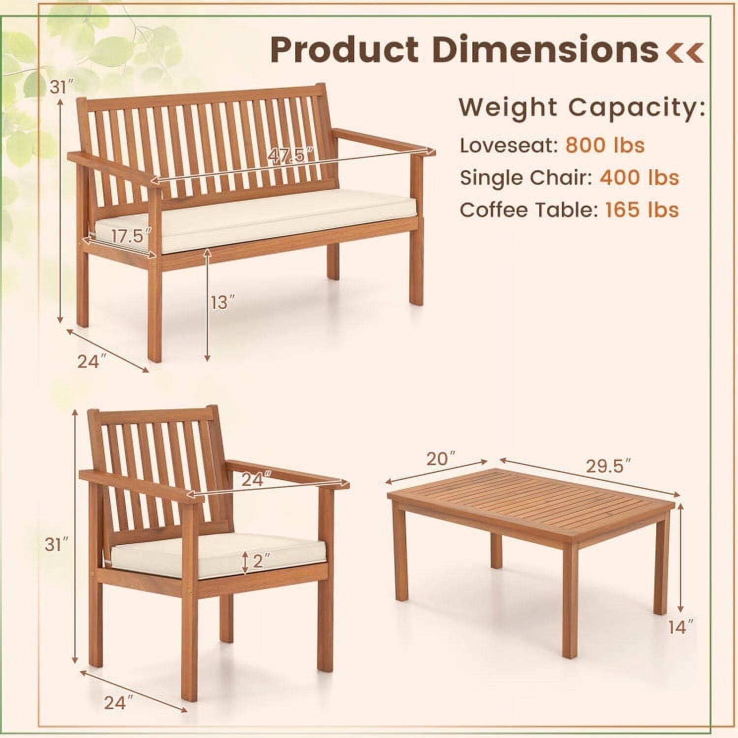 Product Dimensions:  
- Loveseat: 31" x 47.5" x 17.5"  
- Single Chair: 31" x 24" x 12"  
- Coffee Table: 29.5" x 20" x 14"  

Weight Capacity:  
- Loveseat: 800 lbs  
- Single Chair: 400 lbs  
- Coffee Table: 165 lbs