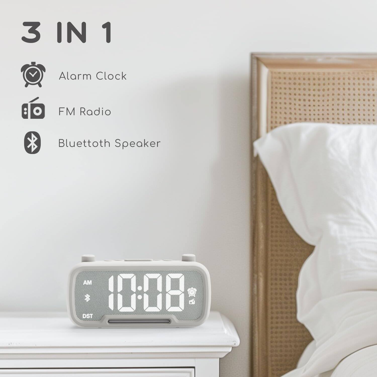 3 IN 1

Alarm Clock

FM Radio

Bluetooth Speaker

10:08 AM

DST