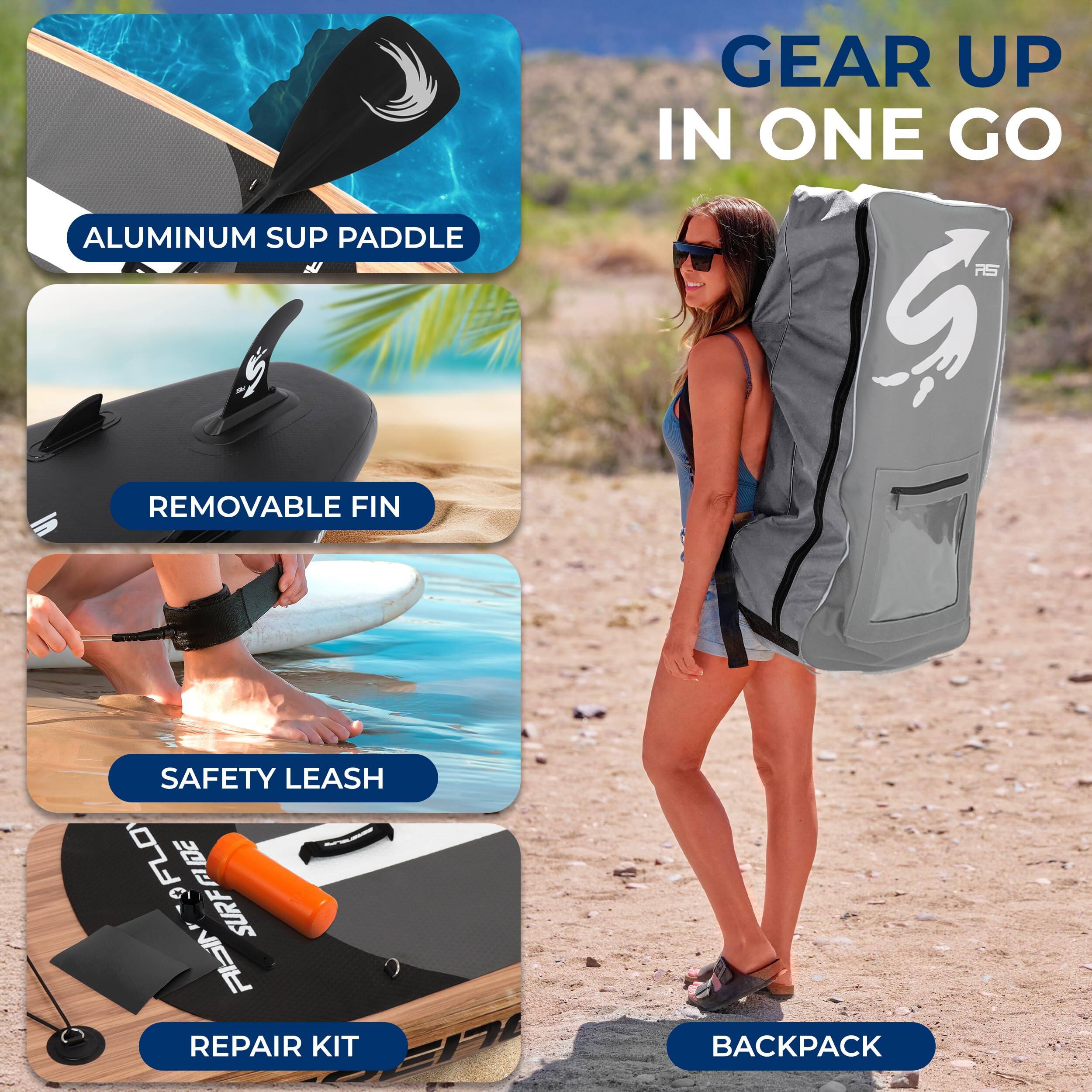 ALUMINUM SUP PADDLE  
REMOVABLE FIN  
SAFETY LEASH  
REPAIR KIT  
BACKPACK  

GEAR UP IN ONE GO