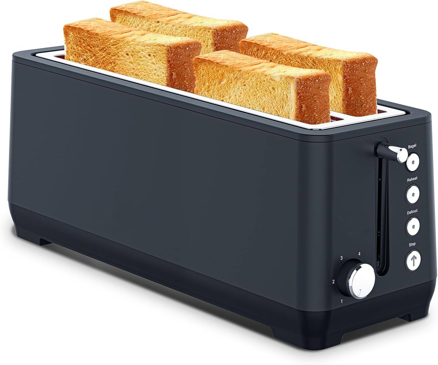 MOOSOO - Stainless Steel 4-Slice Toaster, 6 Browning Settings, Bagel/Defrost/Reheat Functions, Removable Crumb Tray - Antique Blue