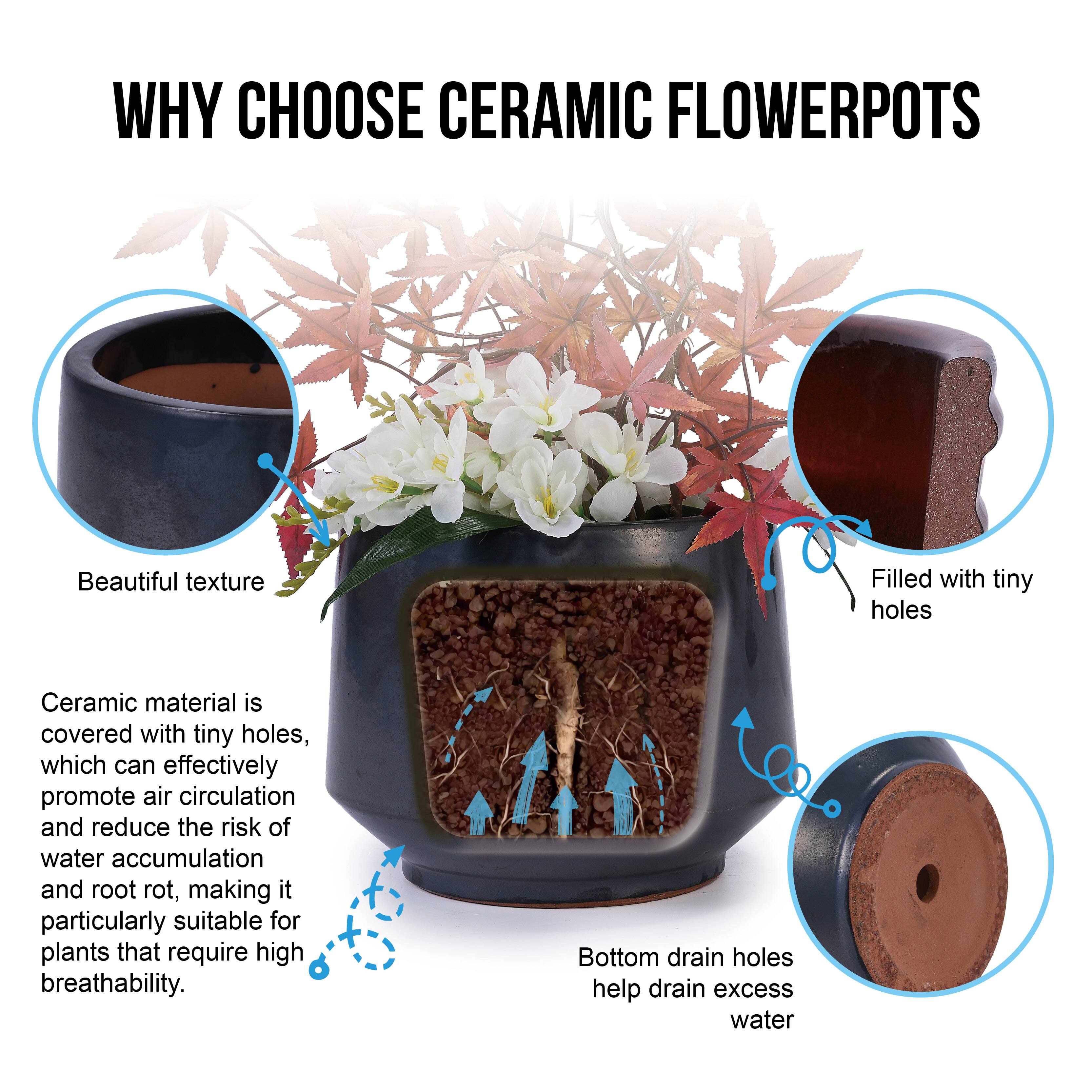 WHY CHOOSE CERAMIC FLOWERPOTS

Beautiful texture

Ceramic material is covered with tiny holes, which can effectively promote air circulation and reduce the risk of water accumulation and root rot, making it particularly suitable for plants that require high breathability.

Filled with tiny holes

Bottom drain holes help drain excess water