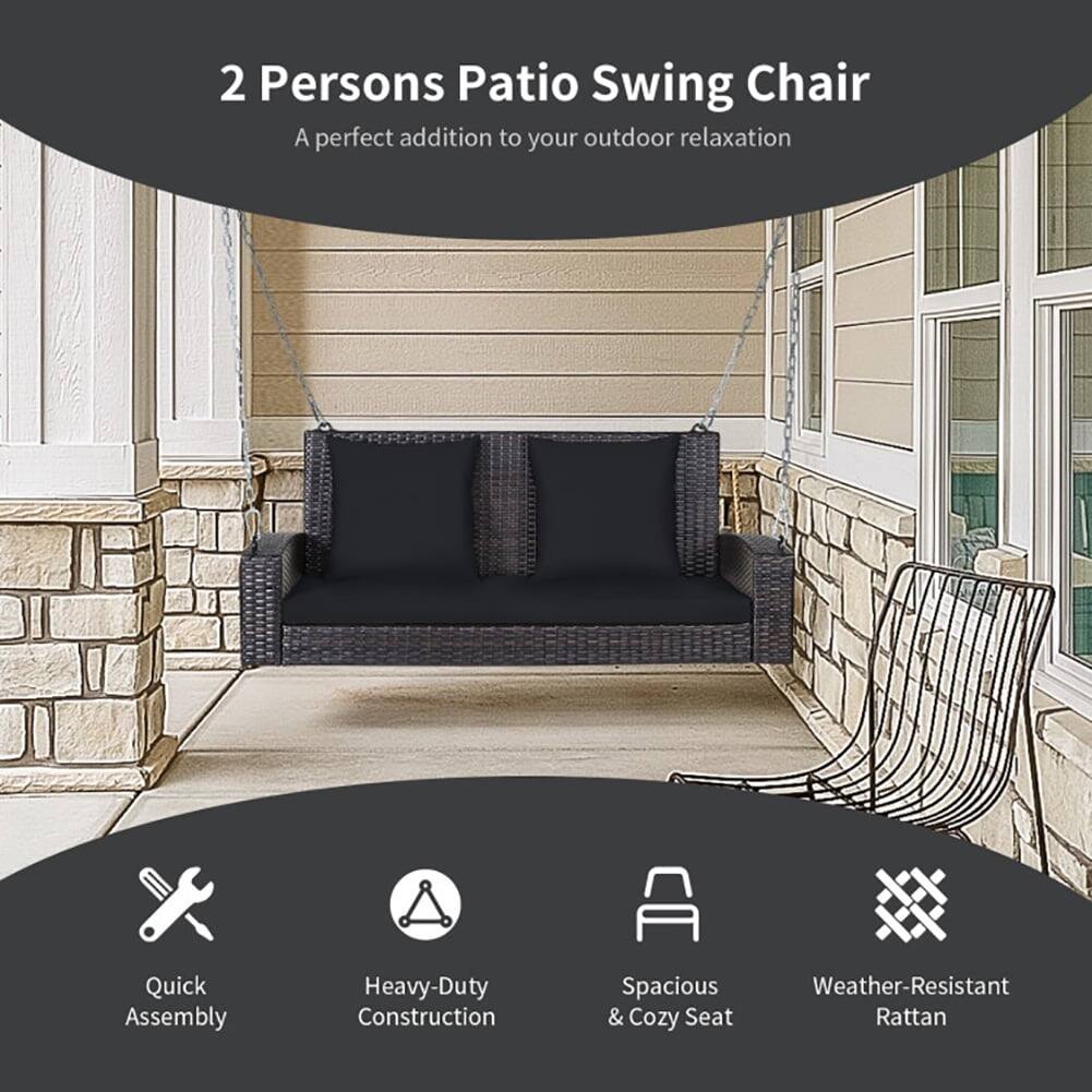 2 Persons Patio Swing Chair  
A perfect addition to your outdoor relaxation  

- Quick Assembly  
- Heavy-Duty Construction  
- Spacious & Cozy Seat  
- Weather-Resistant Rattan