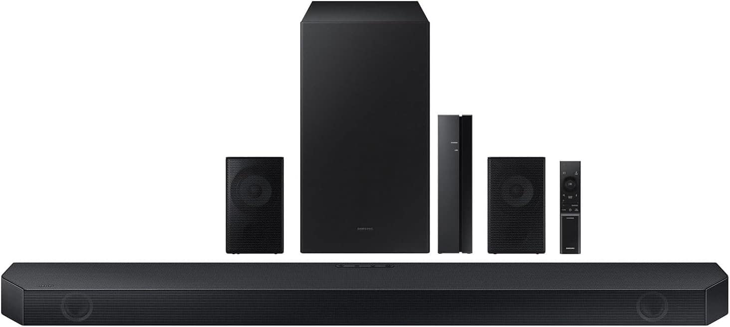 Front. Samsung - 5.1 Ch Soundbar w/ Wireless Subwoofer HW-Q65C, 460W, Q-Symphony, Dolby Atmos & DTS:X, Adaptive Sound Lite, Game Mode - Black.