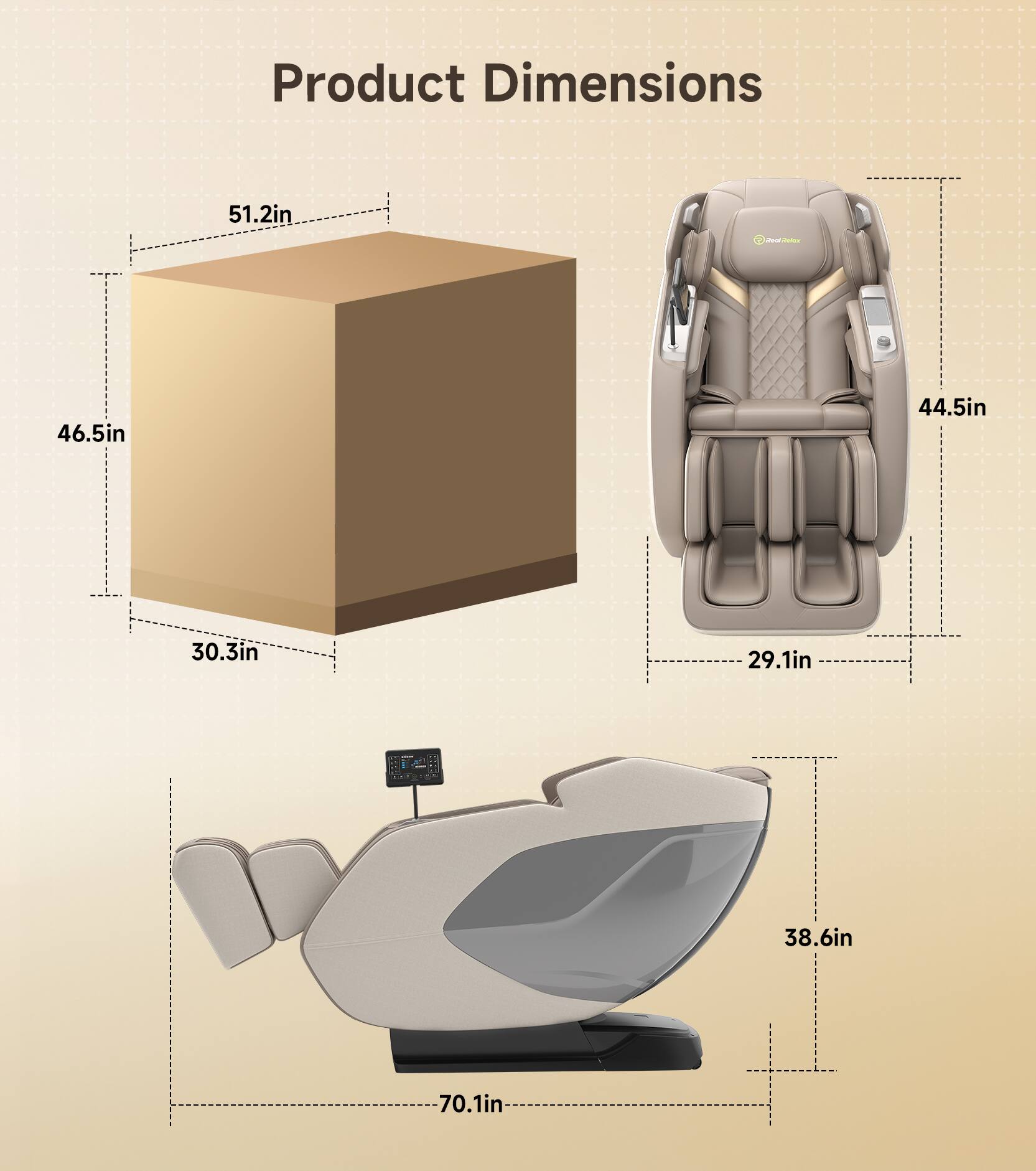 Product Dimensions

- Box: 51.2in (L) x 46.5in (W) x 30.3in (H)
- Product: 70.1in (L) x 38.6in (W) x 44.5in (H)
- Seat: 29.1in (W)