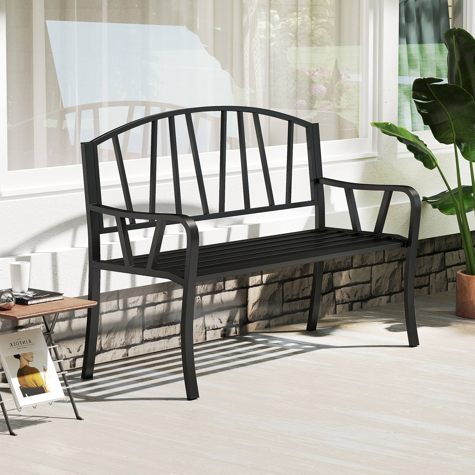 Alt View 1. Gymax - Gymax 51'' Metal Garden Bench Patio Slatted Bench for 2-3 People & Park-Style Loveseat - Black.
