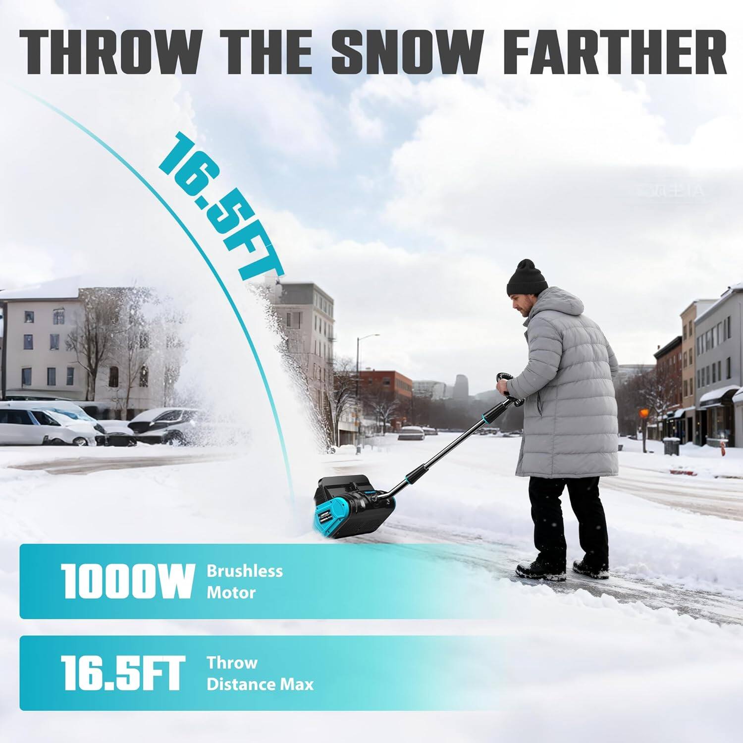 THROW THE SNOW FARTHER

16.5FT

1000W Brushless Motor

16.5FT Throw Distance Max