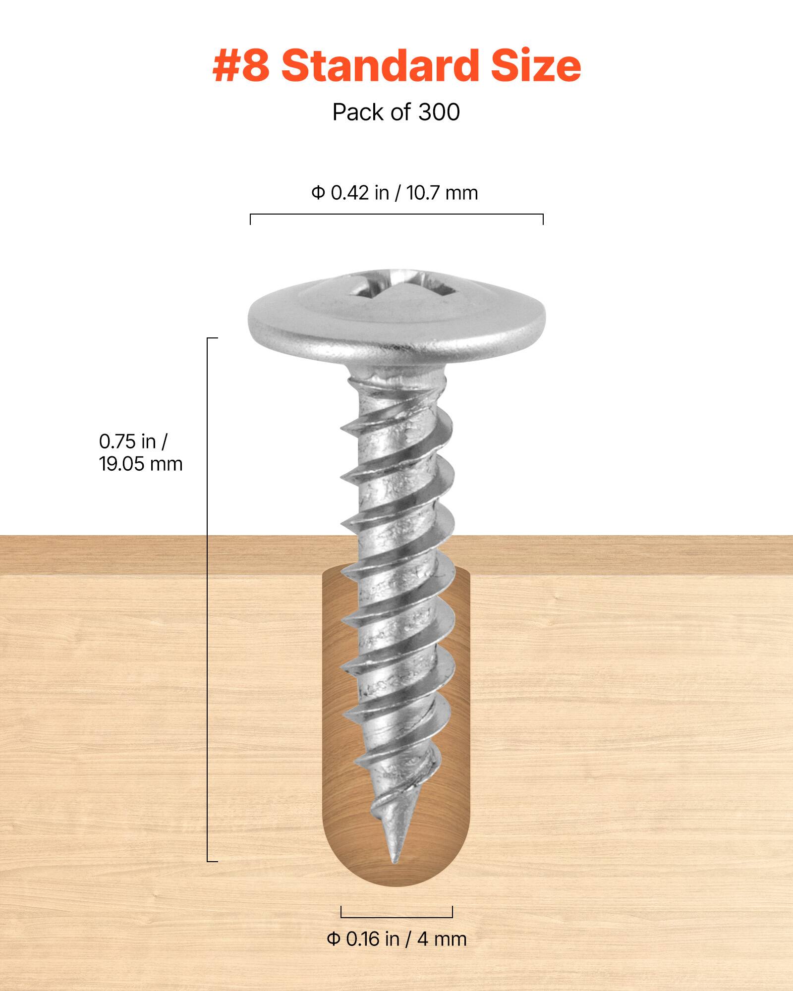 #8 Standard Size  
Pack of 300  

- Ø 0.42 in / 10.7 mm  
- 0.75 in / 19.05 mm  
- Ø 0.16 in / 4 mm