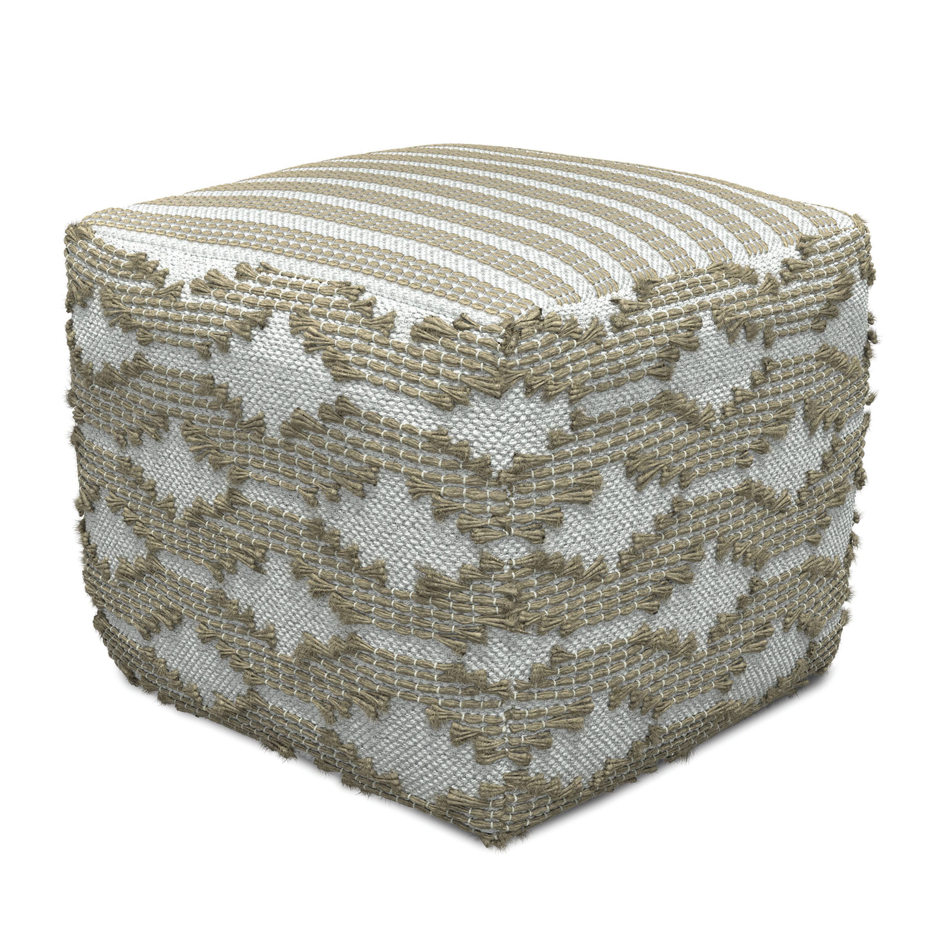 Simpli Home - Rowan Hand Woven Cotton/Jute Square Pouf Ottoman in Natural and White - Natural/White