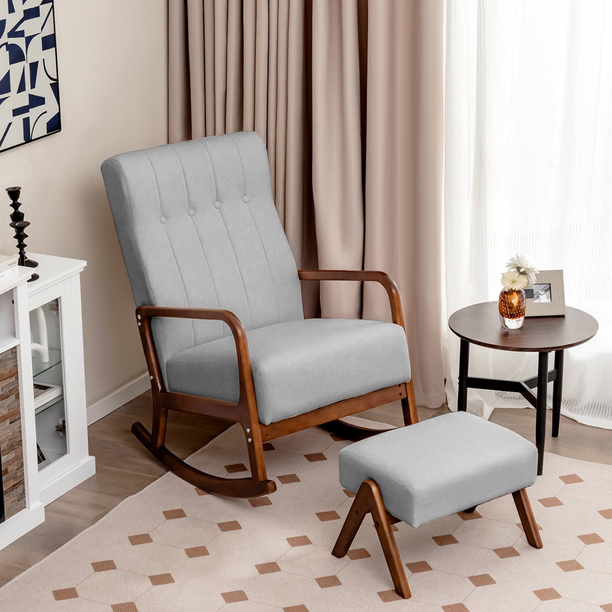 Alt View 1. Costway - Costway Rocking Chair with Ottoman Upholstered Fabric Glider Rocker Solid Wood - Grey.