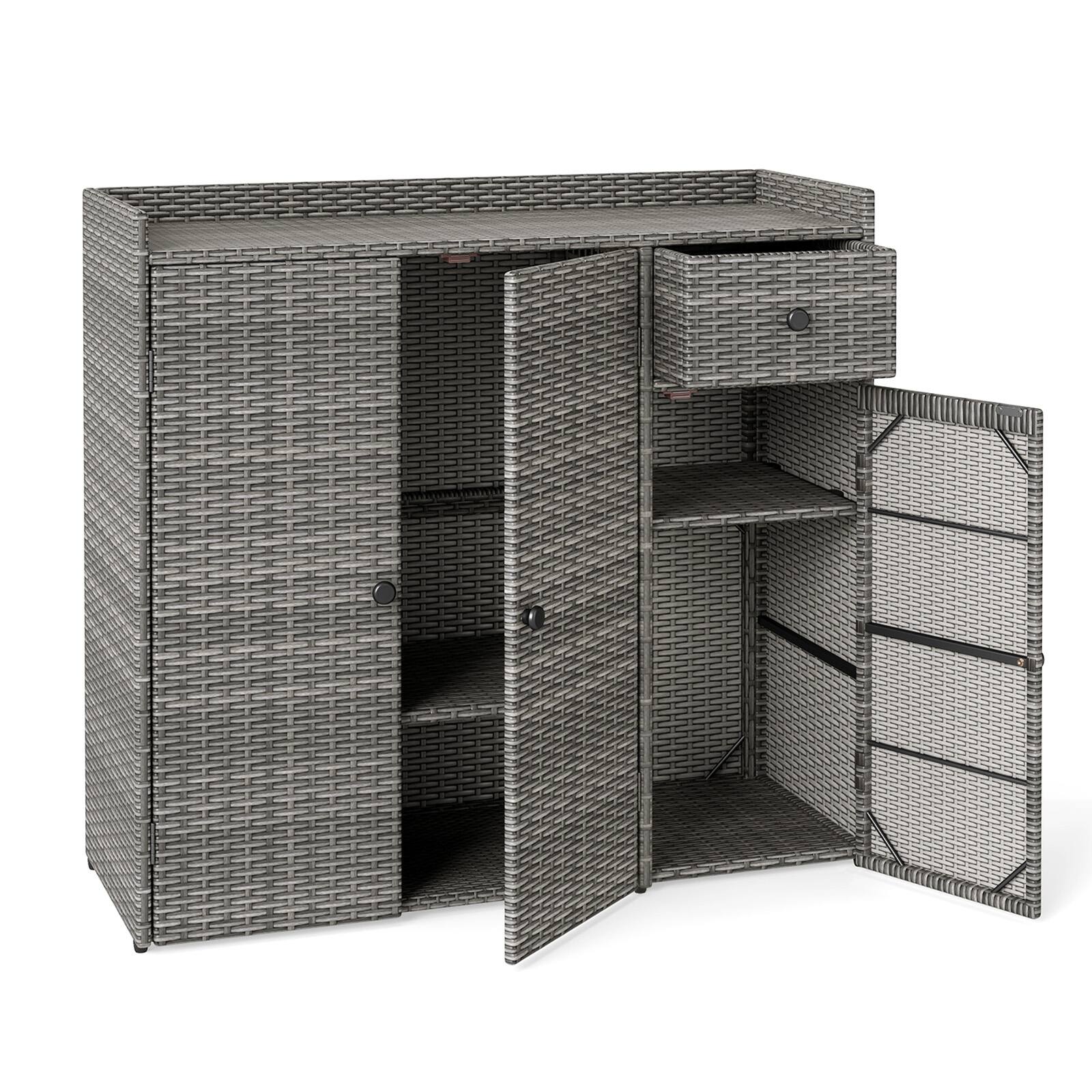 Alt View 1. Costway - Costway Outdoor PE Wicker Storage Cabinet with 3 Doors, Adjustable Shelves and Drawer - Mix Gray.