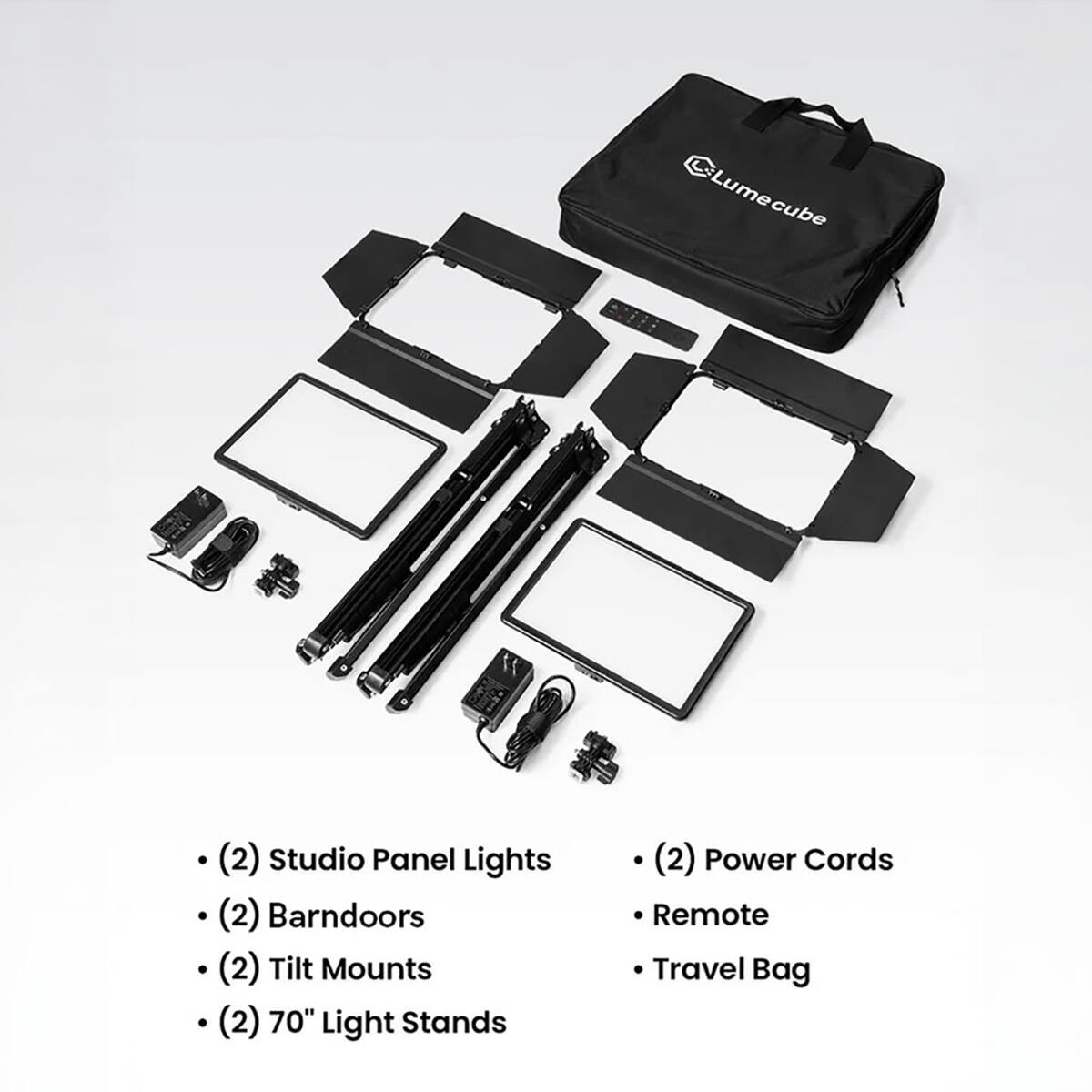 Lumecube (2)  
Studio Panel Lights (2)  
Barndoors (2)  
Tilt Mounts (2)  
70" Light Stands (2)  
Power Cords  
Remote  
Travel Bag
