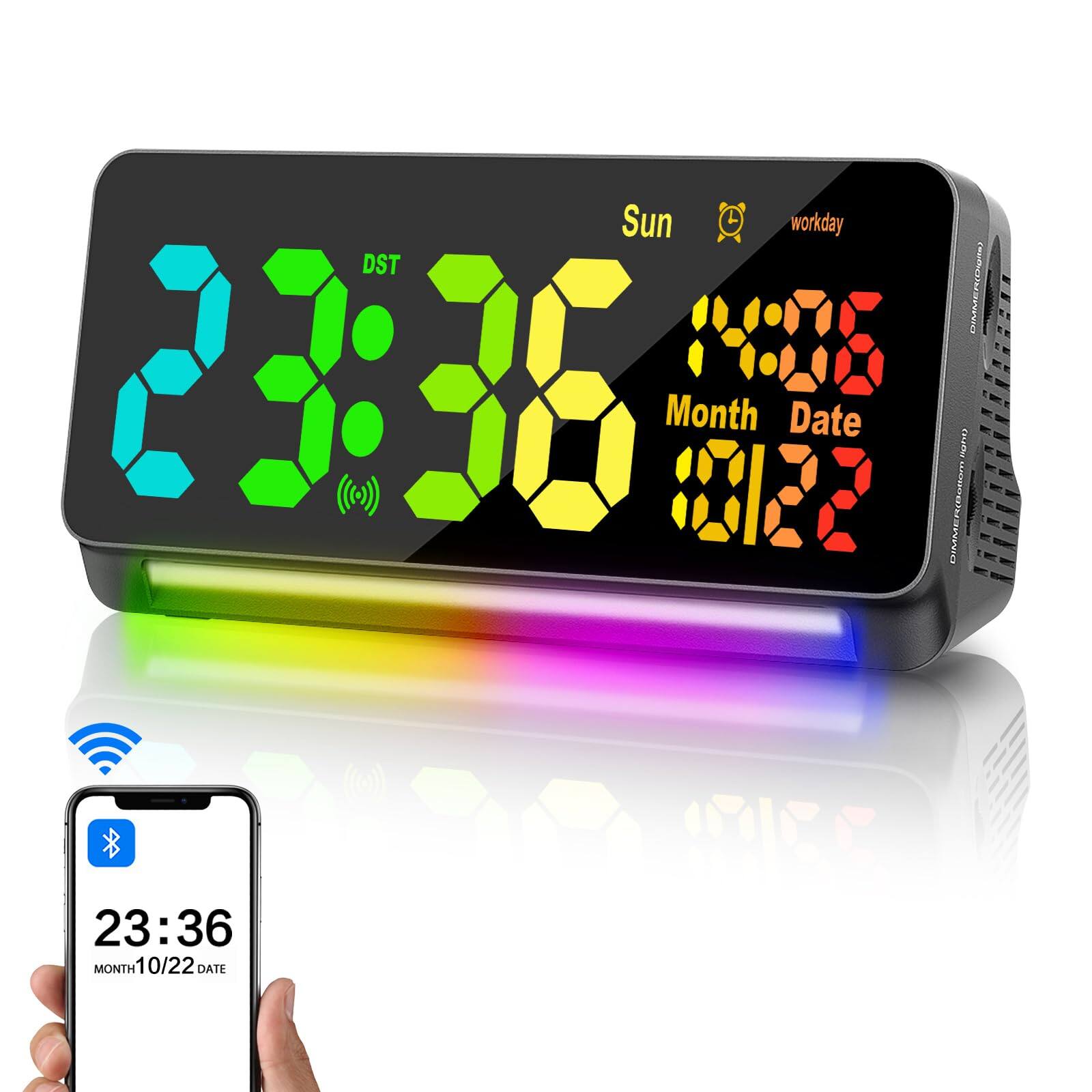 Dazzed Corner - Alarm Clock Heavy Sleepers Adults, 7 Color Night Light, LED Dispay - Black