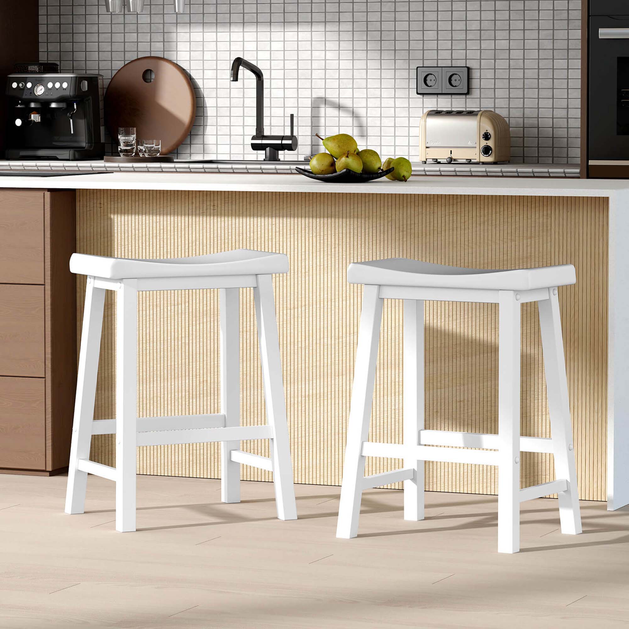 Angle. Costway - Set of 2 Saddle Bar Stools Counter Height Dining Chairs with Wooden Legs - White.