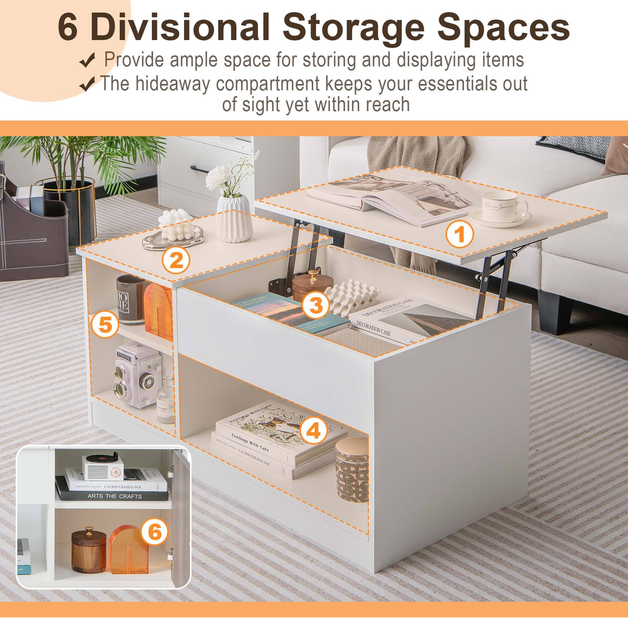 6 Divisional Storage Spaces: Provide ample space for storing and displaying items. The hideaway compartment keeps your essentials out of sight yet within reach.