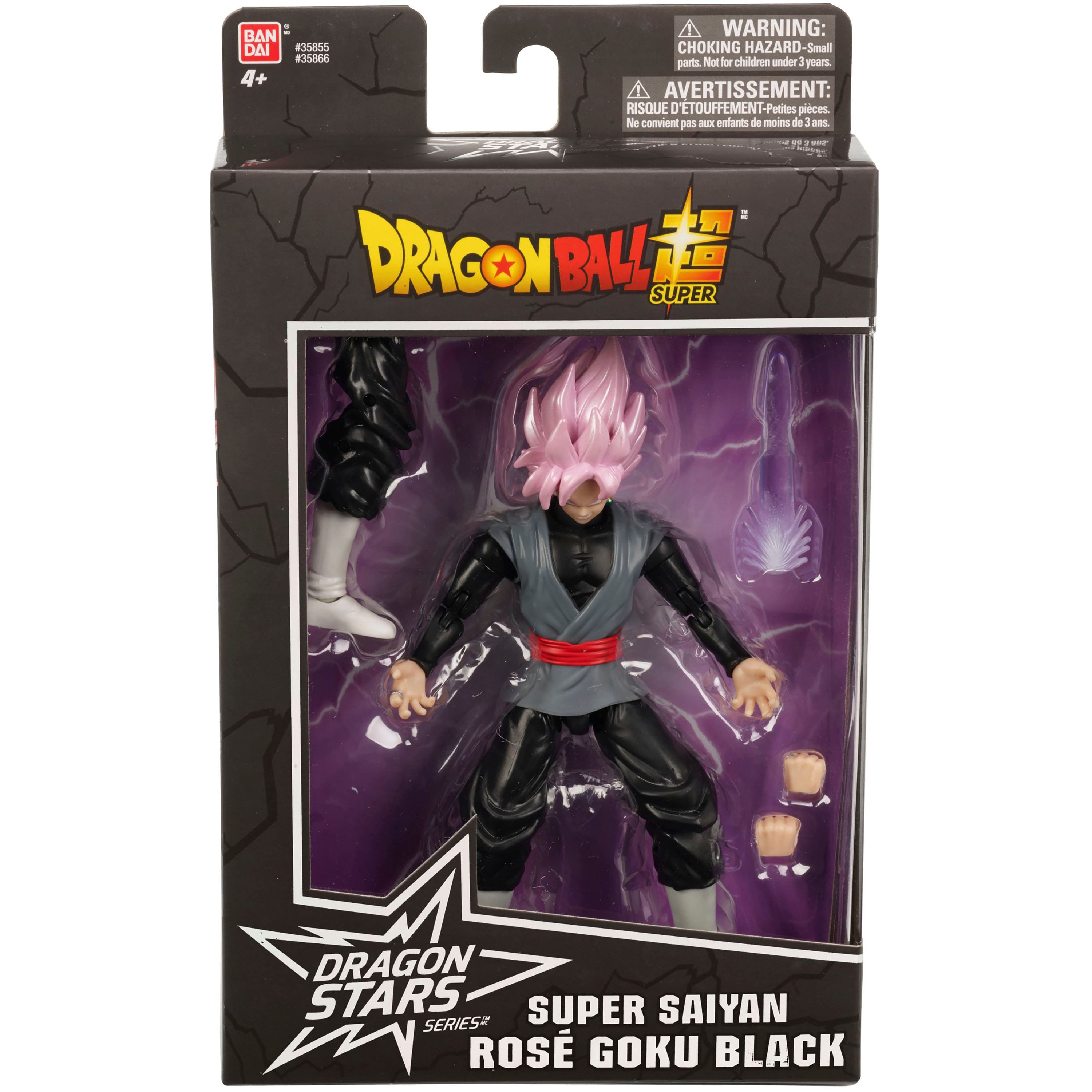 The image features a Dragon Ball Super Saiyan Series action figure of Rose Goku Black. The figure is in a box, and it is a part of the Dragon Ball Super Stars collection. The box has a warning that the toy contains small parts and is not suitable for children under the age of 3. The figure is a collectible item for fans of the Dragon Ball franchise.