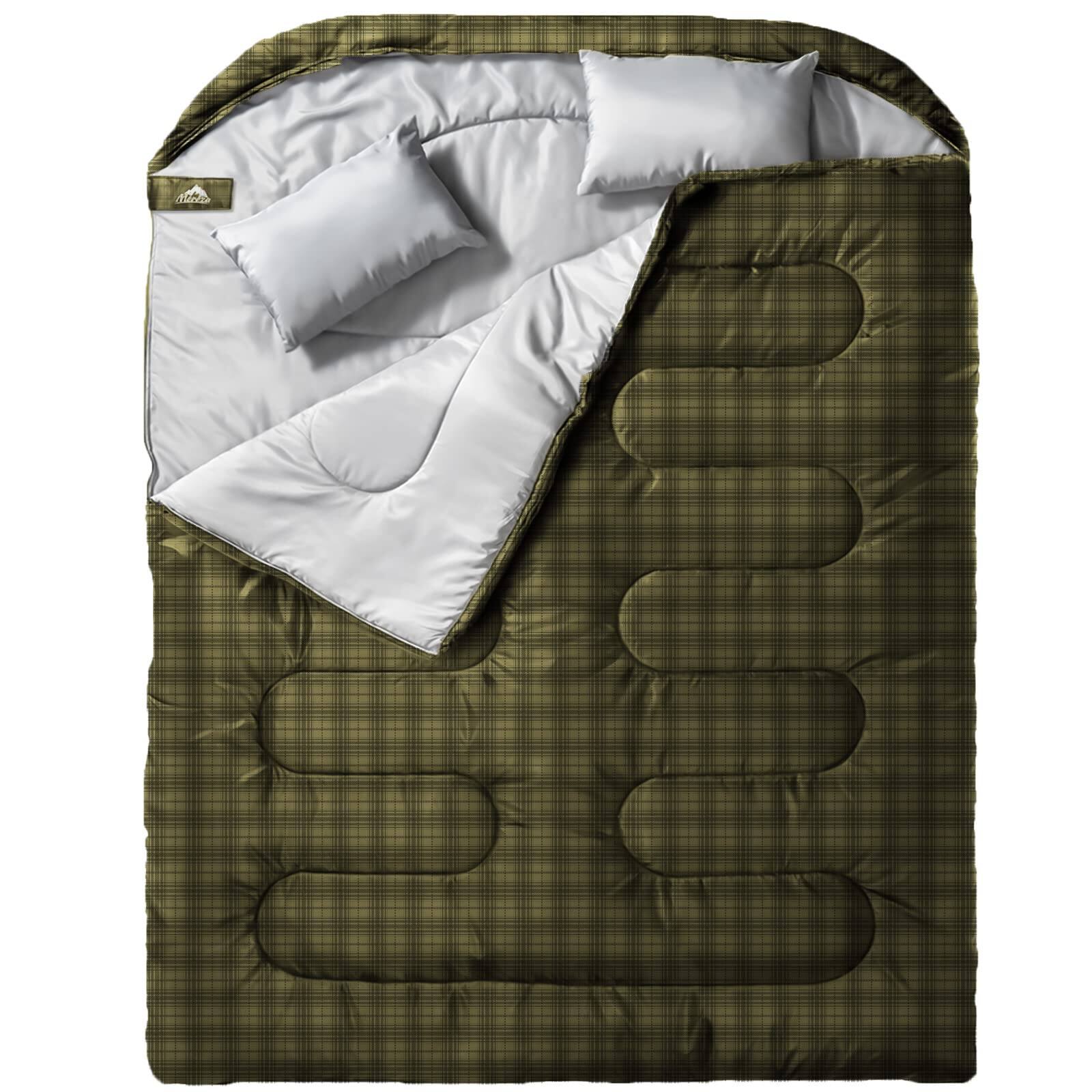 Dapper Styles - Double Sleeping Bag For Adults Mens With Pillow Queen Size Two Person All Season Camping Hiking Backpacking - Plaid-Double (90.6in*61in)