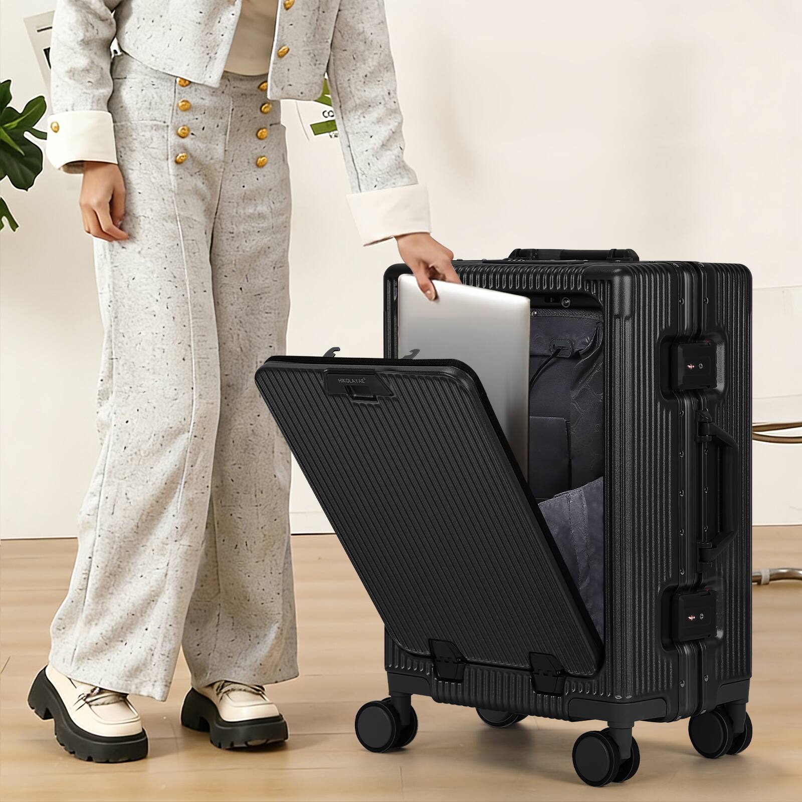 Back. Oumilen - 20 Inch Front Opening Aluminum Frame Carry On Luggage – ABS+PC Hard Shell with TSA Lock, USB Port, Cup Holder, Black - Black.