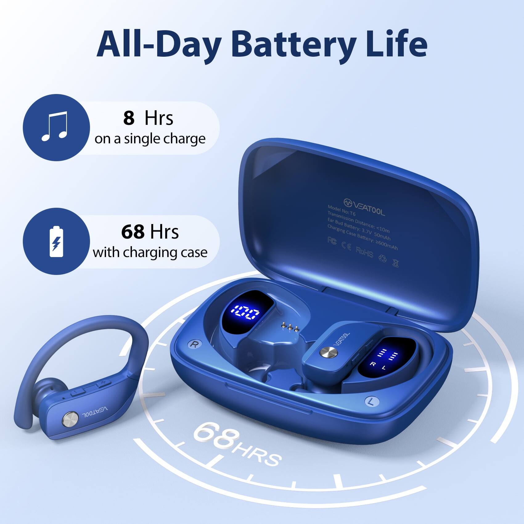 All-Day Battery Life  
8 Hrs on a single charge  
68 Hrs with charging case  

Model: VEATOOL  
Transmission: Bluetooth  
Charging Distance: 10m  
Earbud Battery: 50mAh  
Charging Case Battery: 600mAh  
PC Baltery 50mAh  
CE  
RoHS  

VEATOOL  
68 HRS