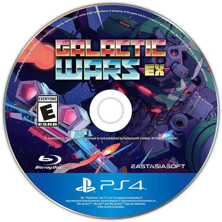 **Galactic Wars EX**

**EVERYONE E**

**Licensed to and published by Eastasiasoft Limited. All Rights Reserved.**

**Jandusoft SL, VolcanoBytes Licensed to and published by Eastasiasoft Limited.**

**Blu-ray Disc**

**PS4**

**PlayStation and PS4 are registered trademarks of Sony Interactive Entertainment Inc.**

**Blu-ray Disc, Blu-ray, and Blu-ray Disc logo are trademarks of Blu-ray Disc Association.**

**Unauthorized copying, reproduction, rental, public performance or broadcast of this game may be a violation of applicable laws. Manufactured in Austria.**

**CUSA E 28539**

**WPRS EY EASP 4US005**

**EASTASIA SOFT**
