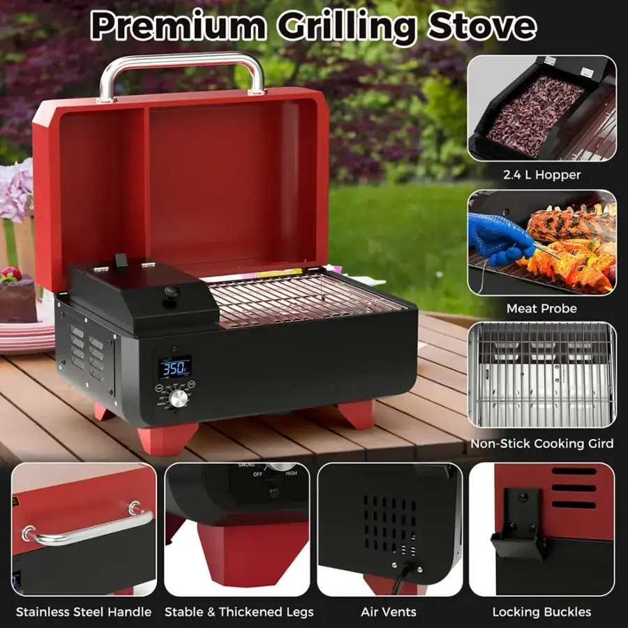 Premium Grilling Stove 2.4 L Hopper Meat Probe 350 Non-Stick Cooking Gird  OFF HIGM Stainless Steel Handle Stable & Thickened Legs Air Vents Locking Buckles