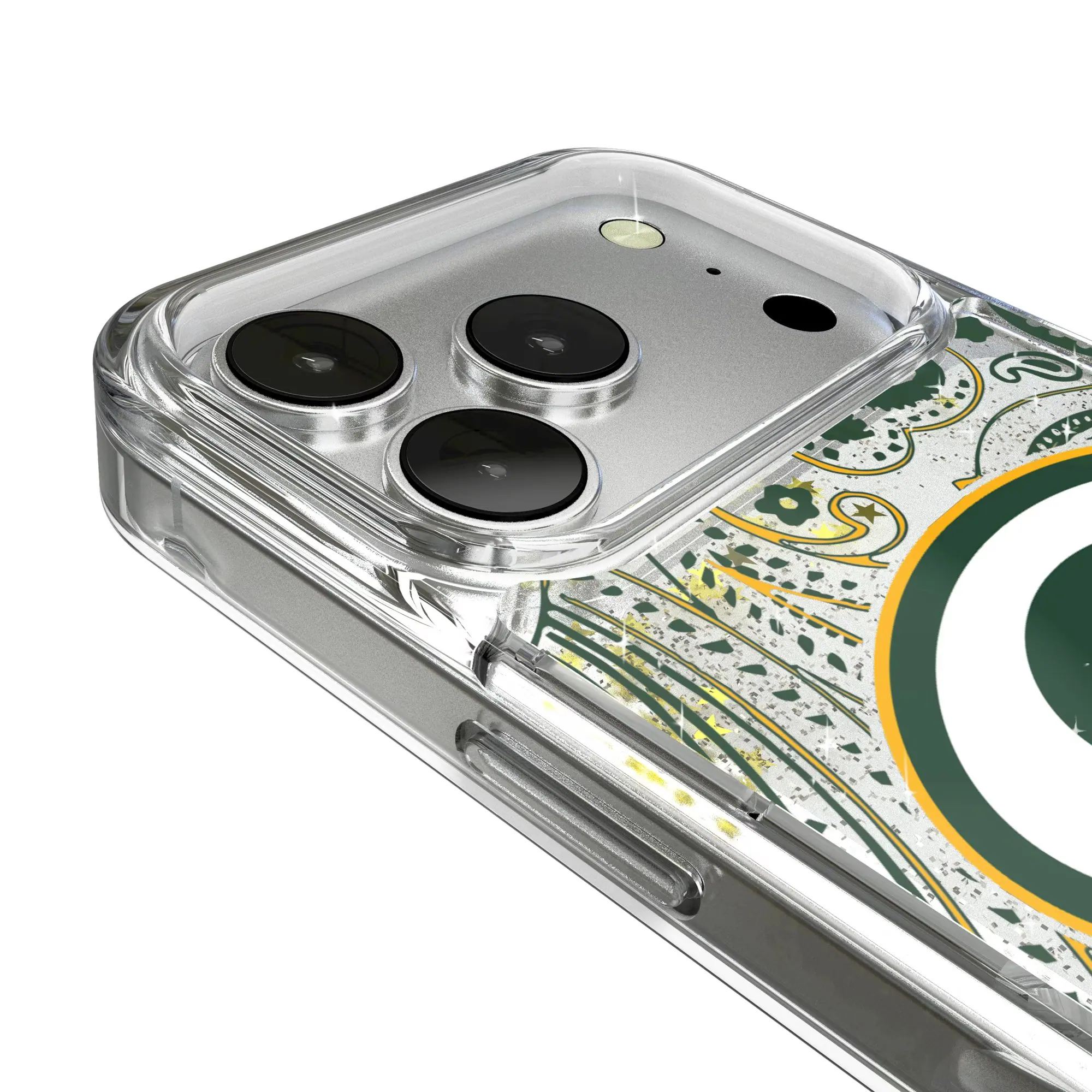 Alt View 2. Keyscaper - Green Bay Packers iPhone Paisley Design Glitter Case - 16 Pro - Multicolor.