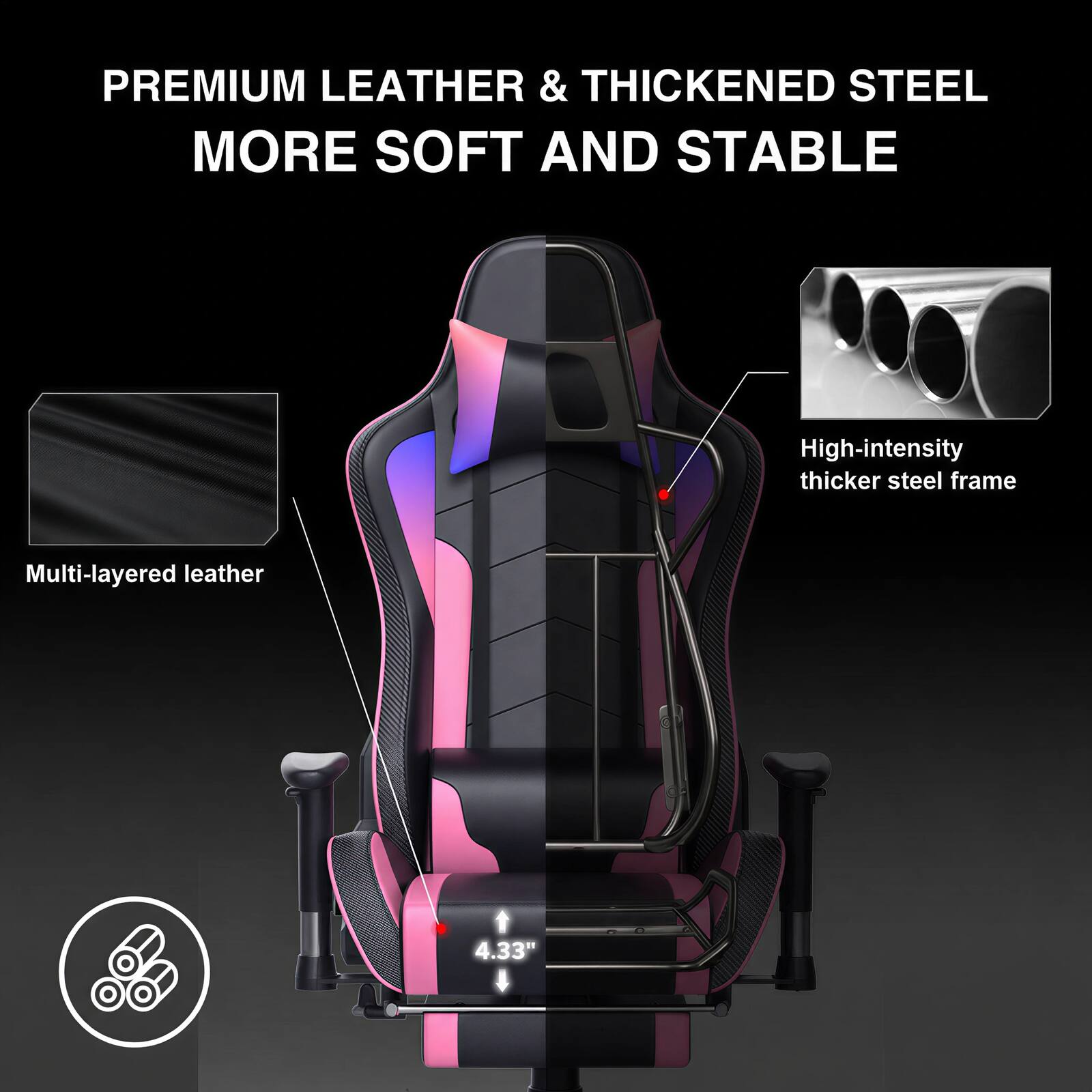 PREMIUM LEATHER & THICKENED STEEL MORE SOFT AND STABLE

High-intensity thicker steel frame

Multi-layered leather

4.33"