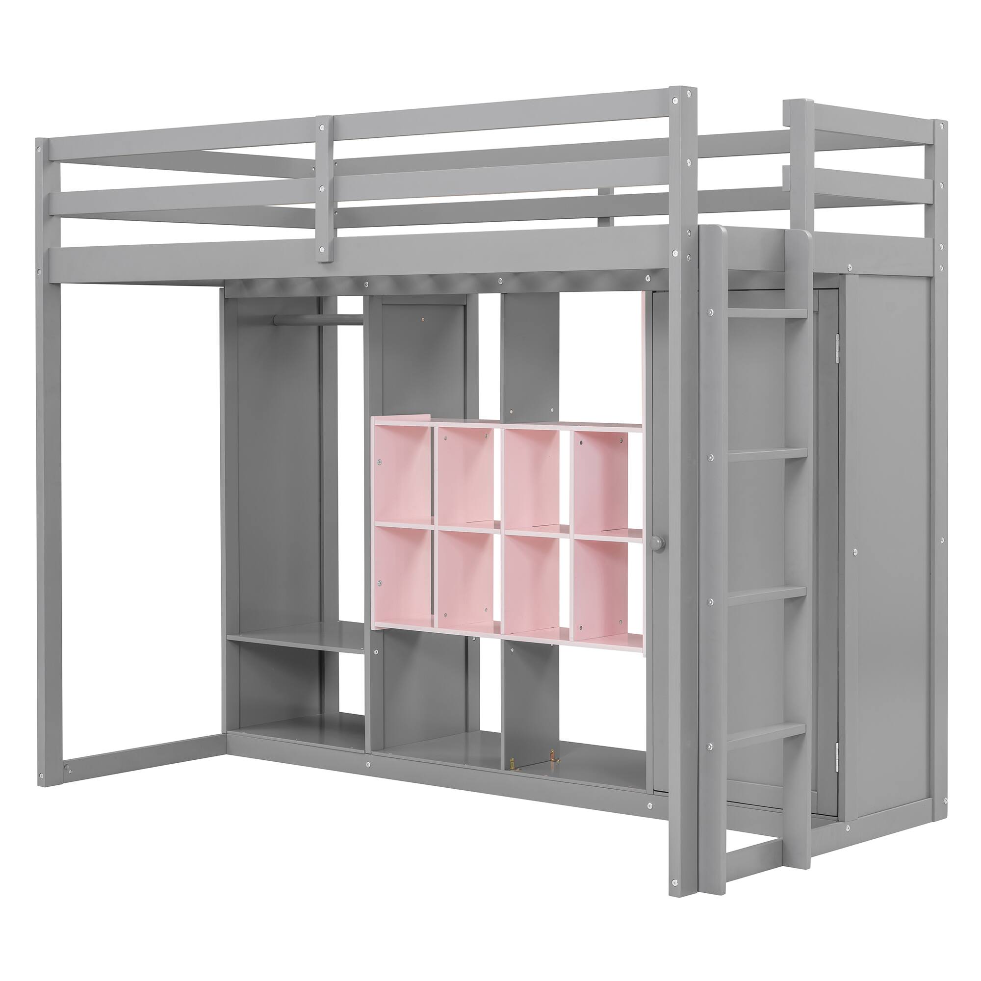 Alt View 5. Anysun - Twin Size Wood Loft Bed with Wardrobe, shelves and Cabinet - Gray.