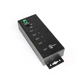 Coolgear - 4-Port USB Hub - USB Type-C - Wide Power Input - Screw Lock Compatible - DIN Rail Ready - 5Gbps - Surge Protection - Black