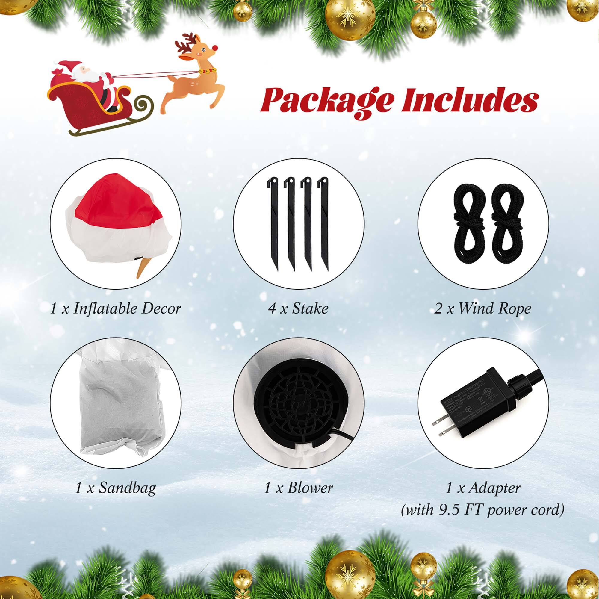 Package Includes: 1 x Inflatable Decor, 4 x Stake, 88, 2 x Wind Rope, 1 x Sandbag, 1 x Blower, 1 x Adapter (with 9.5 FT power cord).