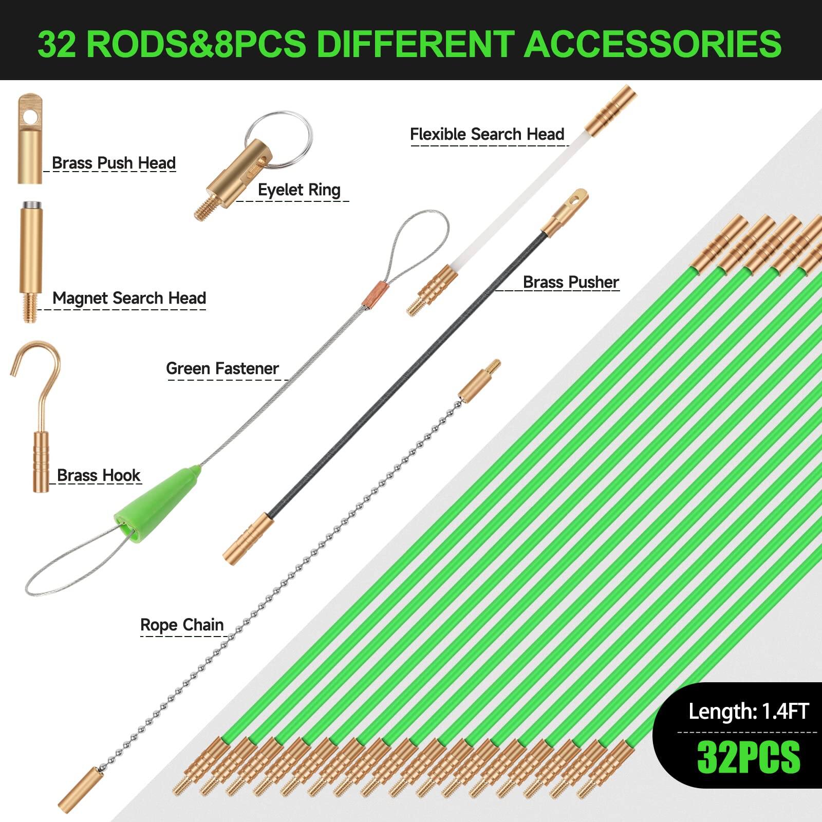 32 RODS & 8PCS DIFFERENT ACCESSORIES

- Brass Push Head
- Eyelet Ring
- Flexible Search Head
- Brass Pusher
- Magnet Search Head
- Green Fastener
- Brass Hook
- Rope Chain

Length: 1.4FT

32PCS