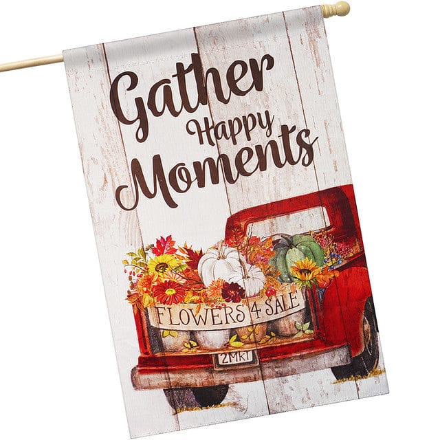 G128 - House Flag Gather Happy Moments Flower Truck — 28 x 40 in Printed Blockout Polyester, Outdoor Fall Decoration - Assorted Colors
